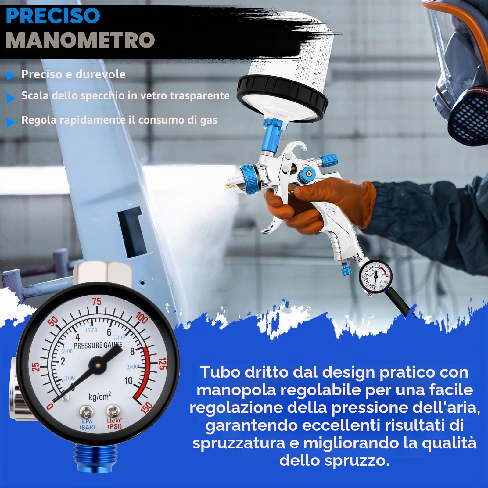 Kit di spruzzatori HVLP per vernice, Include 3 ugelli (1,4 mm, 1,7 mm, 2,0 mm), tazza in plastica da 600 ml e valvola di sicurezza per lo scarico della pressione(blu)