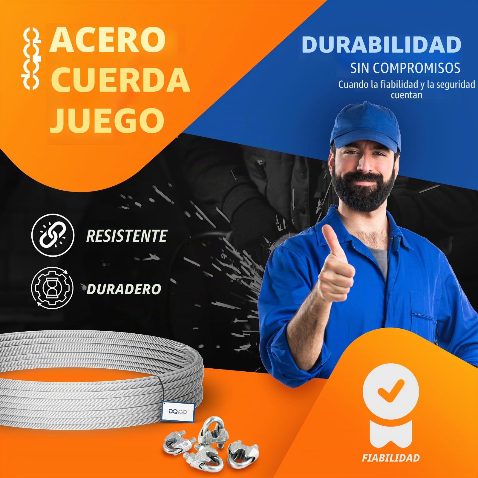 COJUNTO 30m cuerda de alambre galvanizado 6mm hebra: 6x19 + 6 abrazaderas + 2 tensores ojetes/gancho