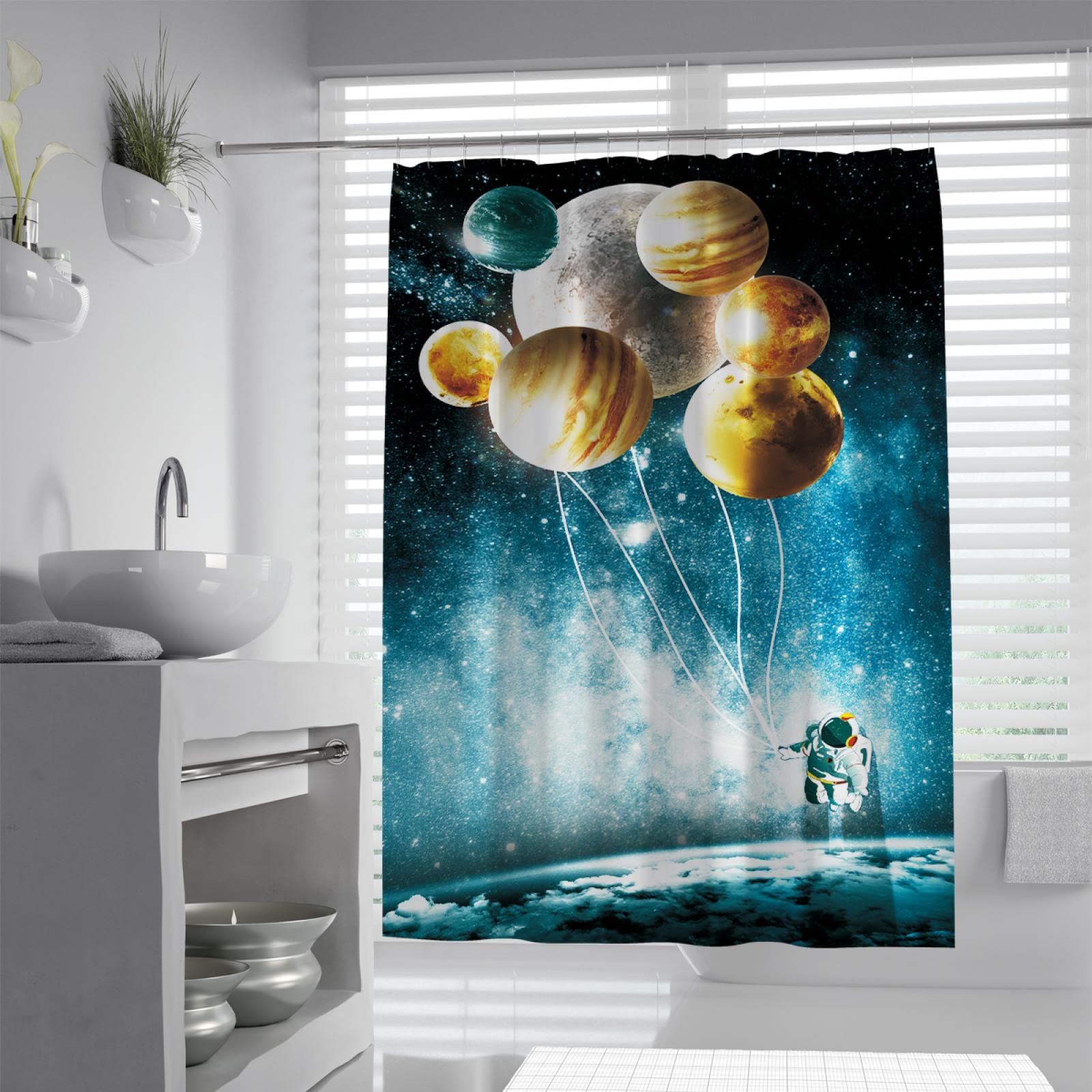 Cosmic Planet Duschvorhang Astronaut Duschvorhänge Set mit 12 Haken Wasserdicht Schnell trocknend Kind/Kinder Badezimmer Vorhang Dekor W200xL200cm