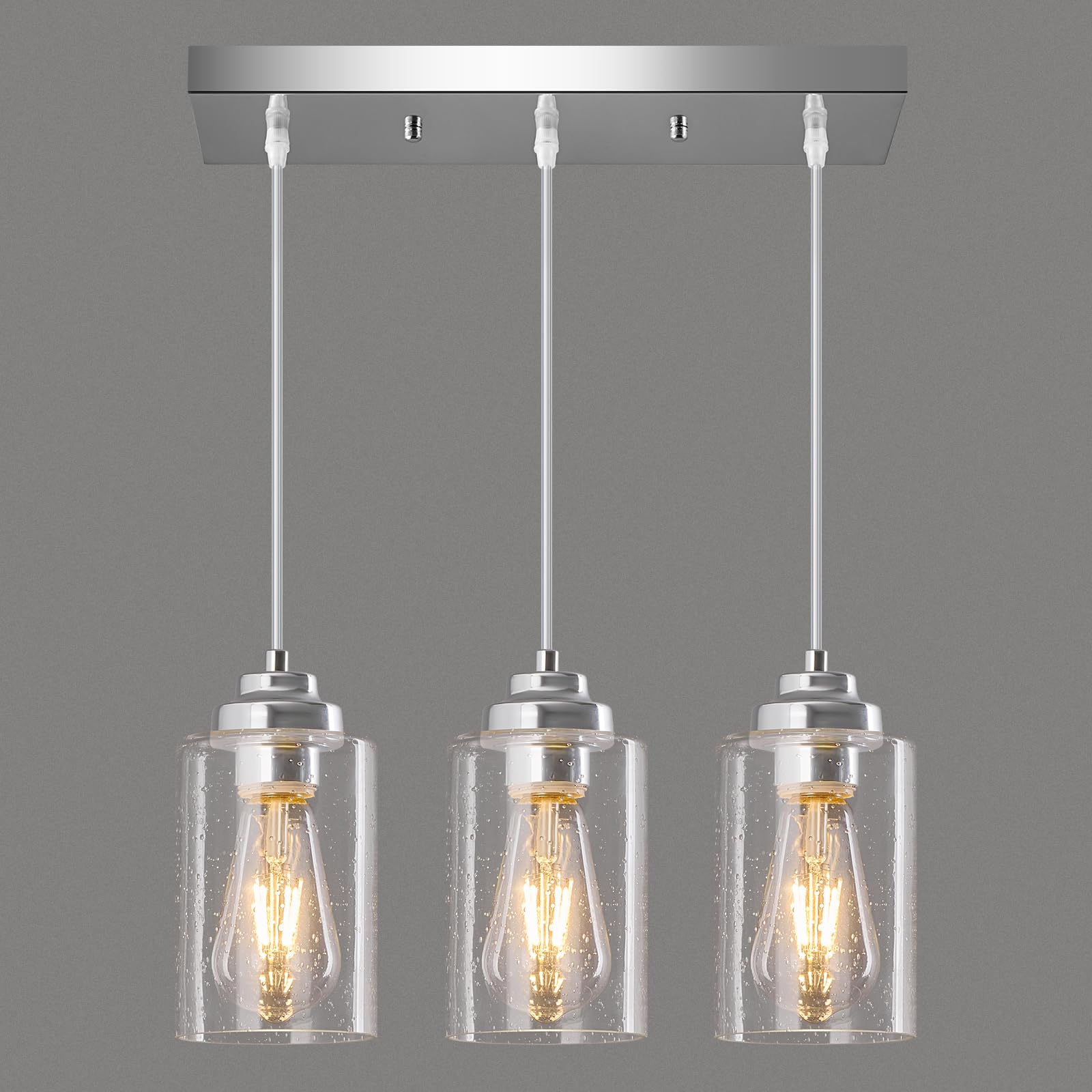 Modern Pendant Light Island Industrial Hanging Light Seeded Glass Ceiling Lamp Chrome Farmhouse Lighting for Kitchen Island Hallway Bedroom Bar Dining Room（3-Light）