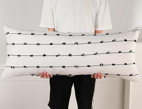 Miniatura 10 de Funda de cojín lumbar larga de 14 x 36 pulgadas, diseño de rayas de algodón, color gris, bohemio, extra larga, decorativa, funda de cojín para cama,