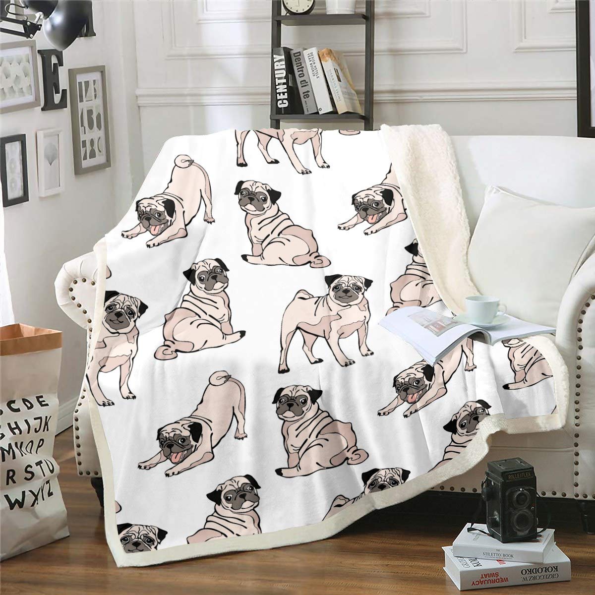 Loussiesd Multicolored 13232 Dog Printed Sherpa Blanket Cute Pug Dog Throw Blanket For Couch Bed Sofa Animal Theme Decor Fleece Blanket Cartoon Pet Dog Pattern Fuzzy Blanket Baby 30"X40"