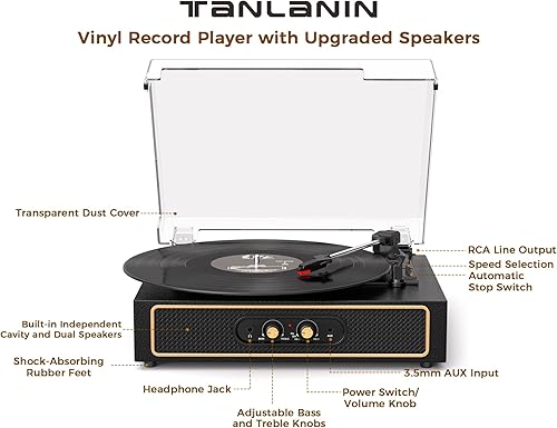 Miniatura 6 de Tocadiscos retro Bluetooth con altavoces integrados, tocadiscos de 3 velocidades de transmisión por correa, control de graves y agudos, reproductor