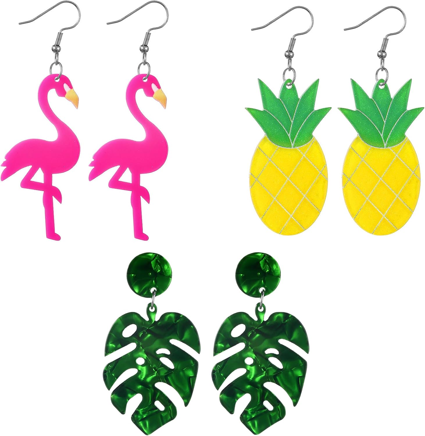 Hicarer 3 Pairs Hawaii 80s 90s Neon Earrings for Women Summer Flamingo Pineapple Palm Tree Earrings Retro Pendant Acrylic Drop Dangle for 80's Outfit Glow Party Accessories