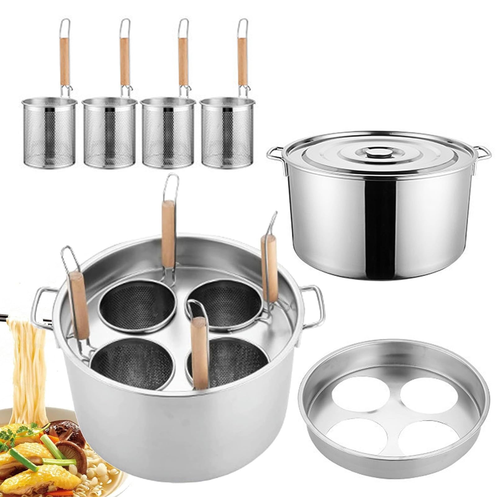 JYBNBBE Stainless Steel Noodle Boiler with Divider and Strainer - Multifunctional Pasta Cooker for Home and Restaurant Kitchens,D-4 Holes