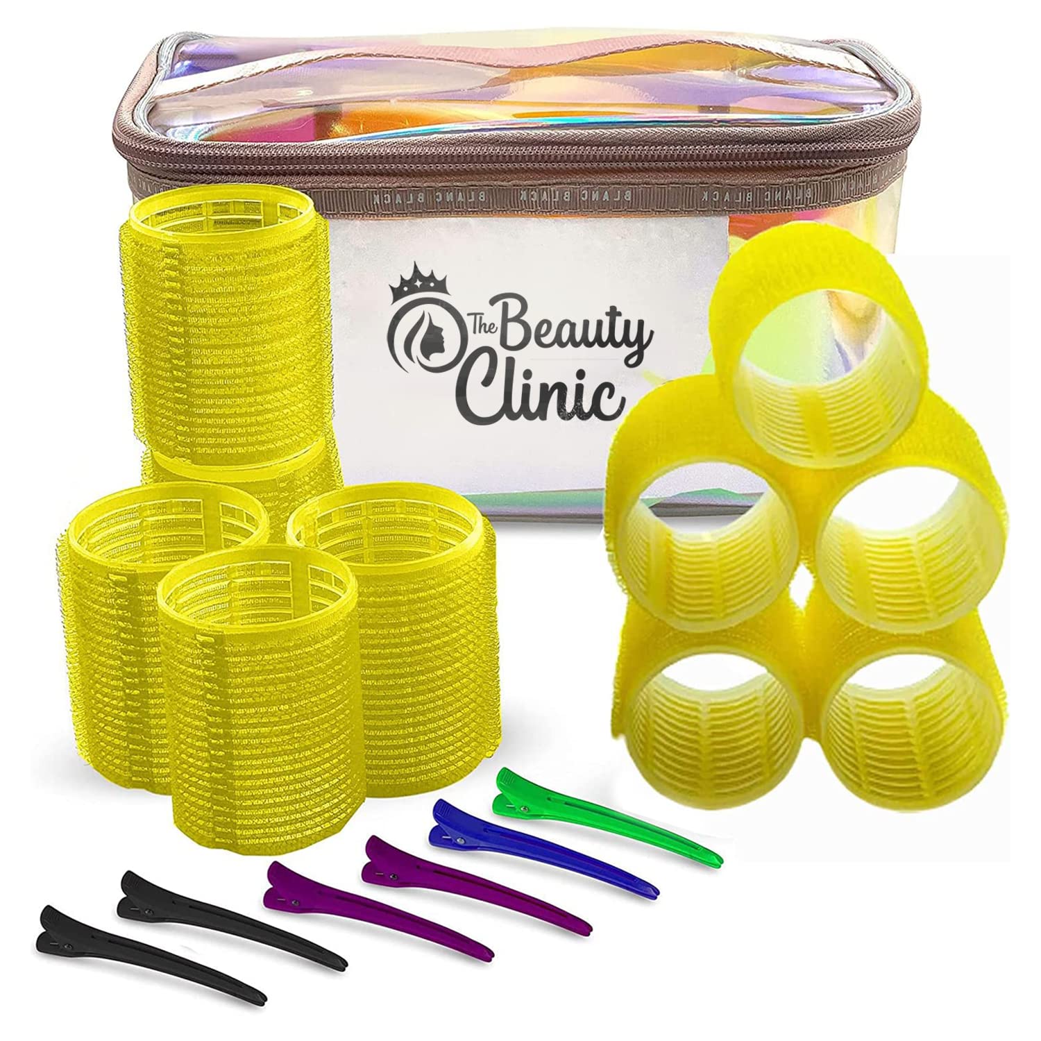 The Beauty ClinicVelcro Rollers for Hair - 10 PCS Self Grip Hair Roller 44mm by 63mm with 6 Duckbill Sectioning Clips Hairdressing Curlers And Self Holding DIY Roller Storage Bag