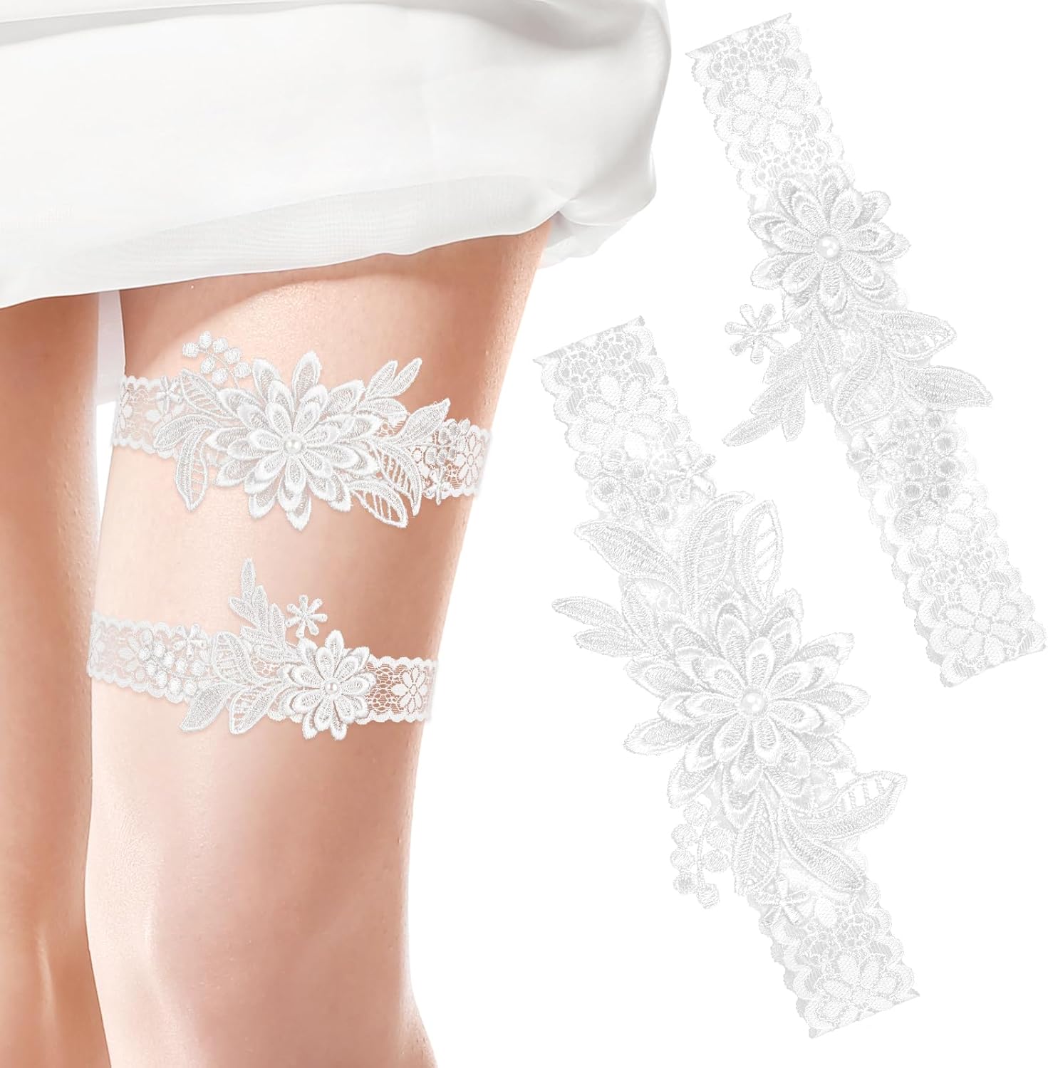 Jarretelles De Mariée - Set De 2 Pièces Dentelle Et Perles - Taille Ajustable 40-60 Cm - Pour Mariage, Hen Party