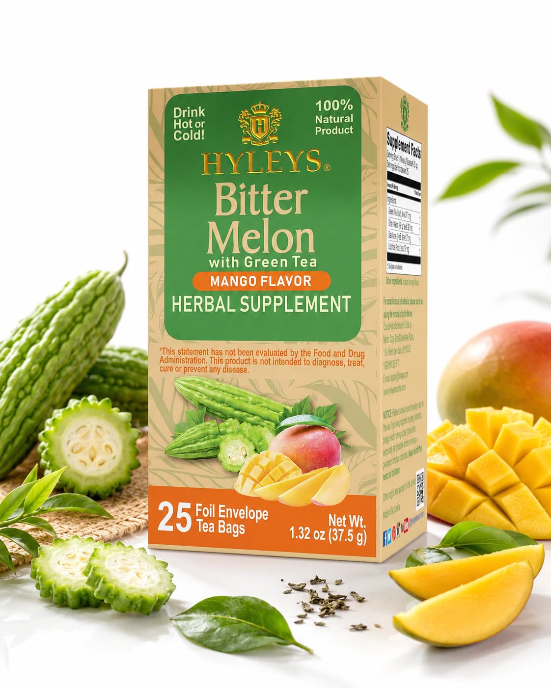 HYLEYS Chá fitoterápico de melão-amargo com chá verde, sabor manga, 150 sachês