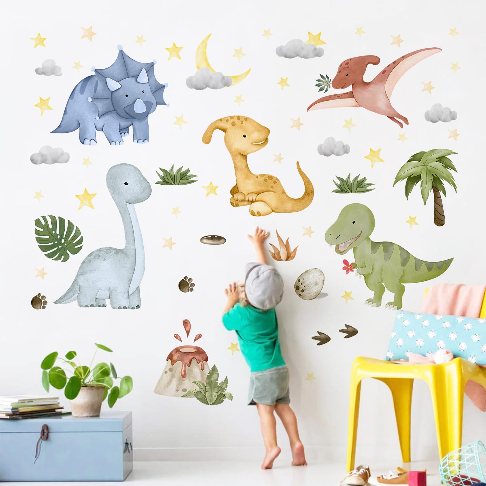 Yovkky Watercolor Baby Dinosaur Wall Decals Stickers, Dino Volcano Tropical Leaf Palm Tree Baby Boy Girl Room Nursery Decor, Cloud Moon Star Neutral