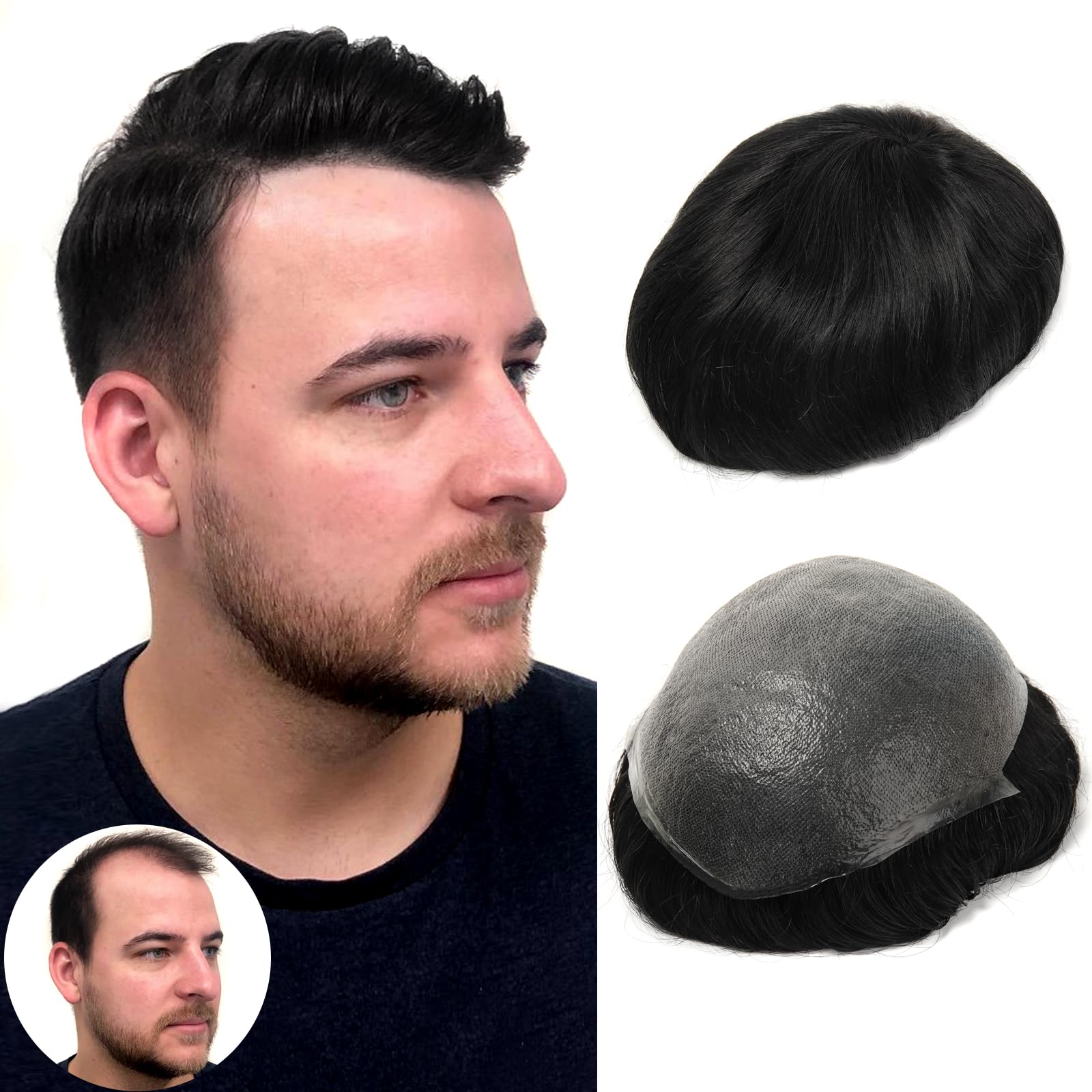 BEEOS 0.06mm Thin Skin Toupee Hair for Men, #1 Jet Black V-looped No Knots 8x10 Inch PU Base Size Human Hair Piece Mens Toupee