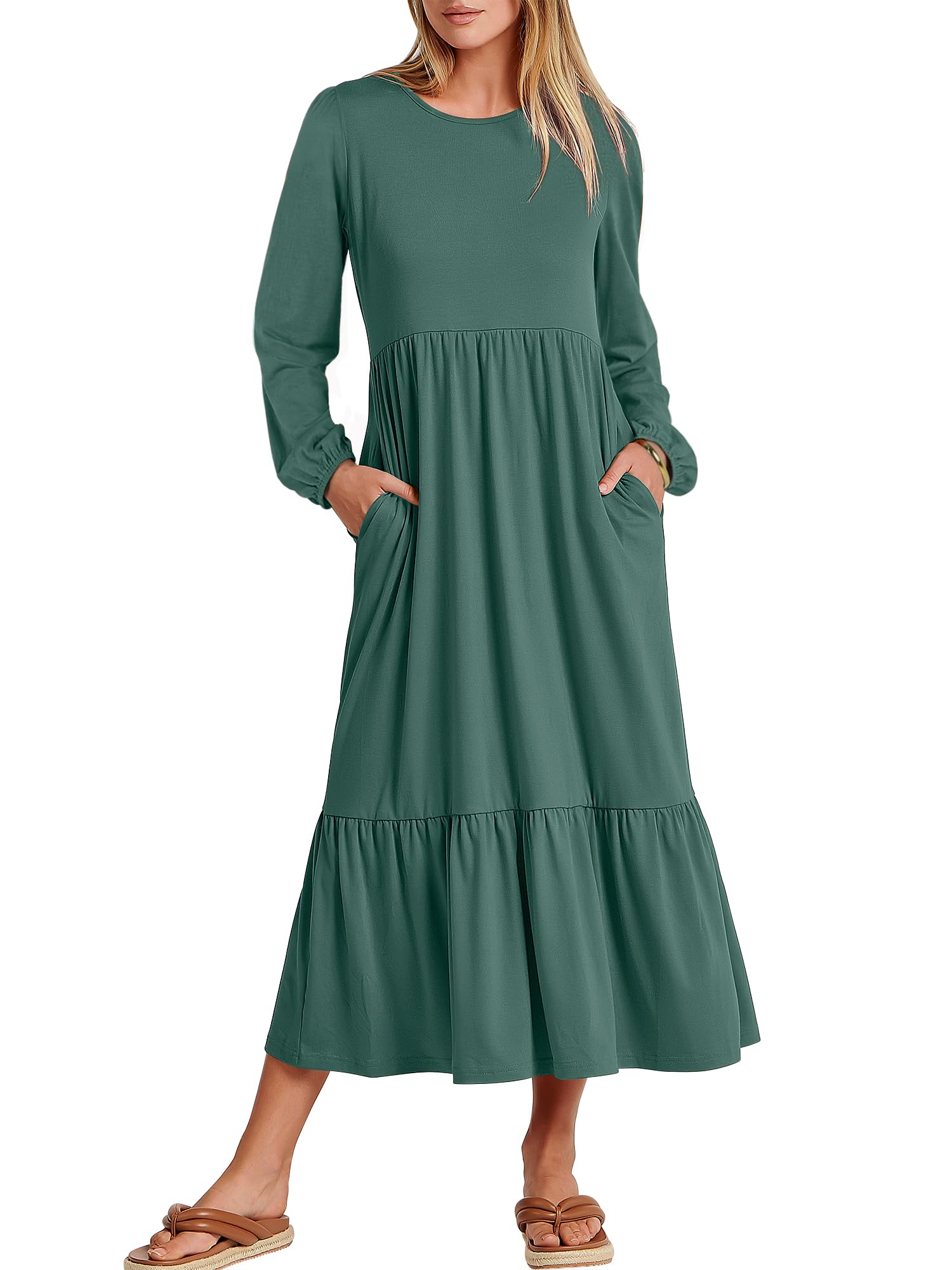 ANRABESS Long Sleeve Midi Dresses for Women Casual 2026 Spring Crewneck A Line Tiered Flowy Loose Trendy Dresses with Pockets