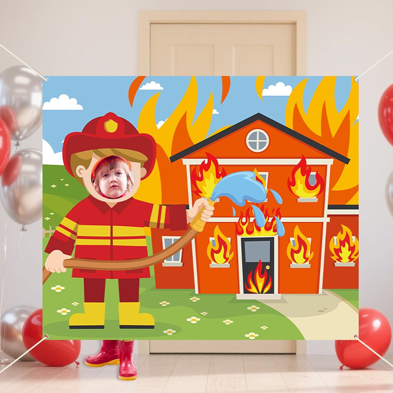 Fire Party Decorations Firefighter Photo Prop Selfie Frame Birthday Decorations Fireman Backdrop Firefighter Firetruck Photo Booth Props Hanging Banner for Kids Baby Shower Birthday Party Supplies