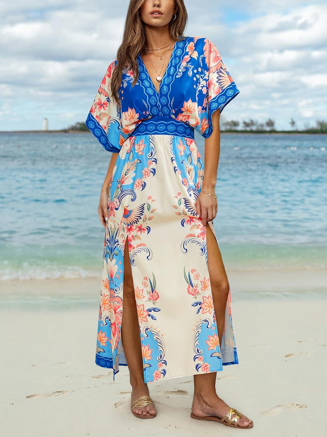 CUPSHE Women Boho Maxi Summer Dress Plunging V Half Dolman Sleeve Empired Waist Side Slit Sundress Holiday Beach Dresses