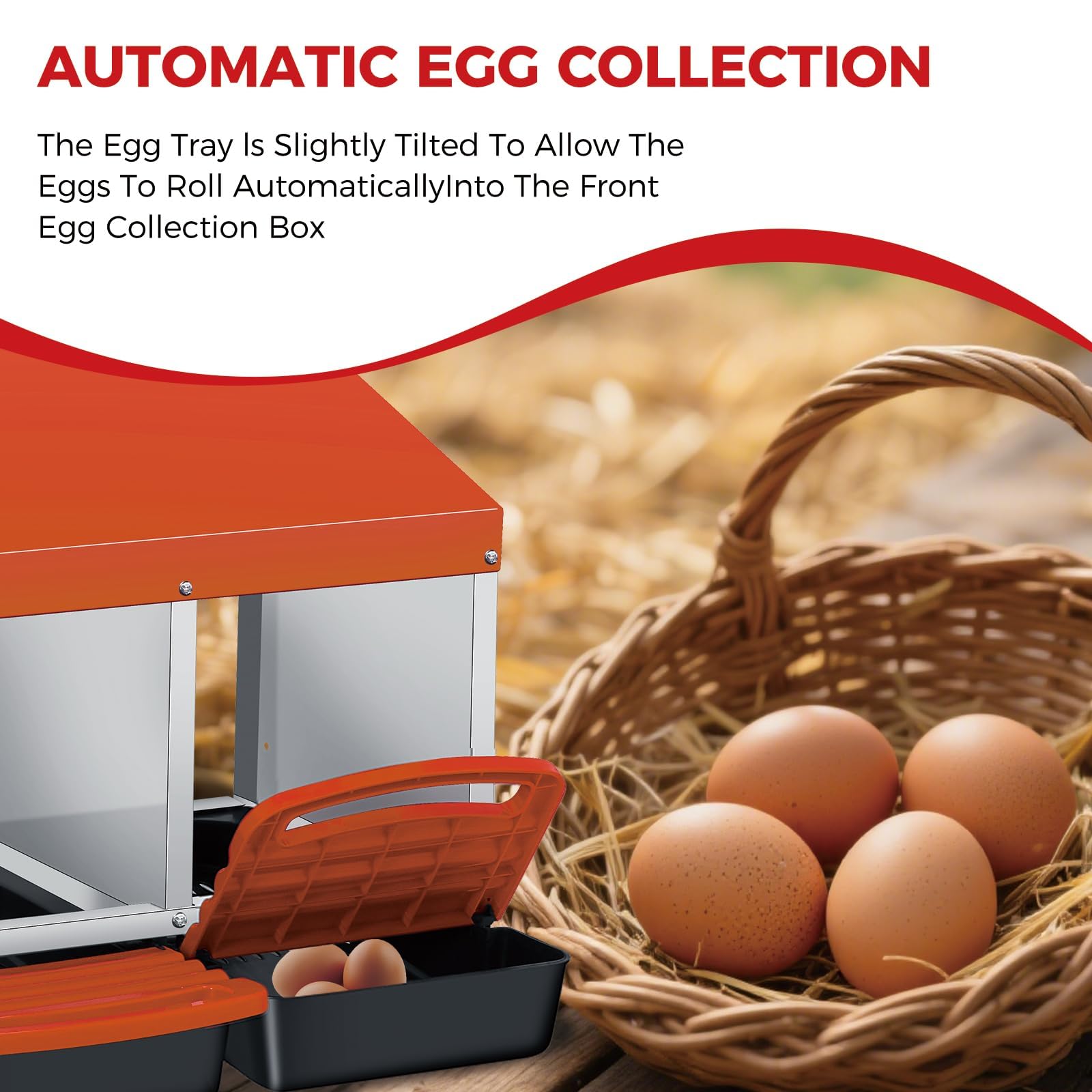 Garvee Nido para gallinas ponedoras con 4 Compartimentos de Acero galvanizado, Nido para Pollos con Sistema de Recogida de Huevos Anti-Rotura y bandejas extraíbles, fácil de Limpiar, Naranja