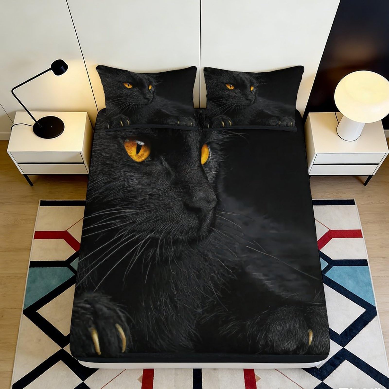 3D Printed Black Cat Fitted Sheet Microfiber Non-Slip Deep Pocket Black Cat Mattress Fitted Cover Bedroom Bedding Wrap 140x200x25cm