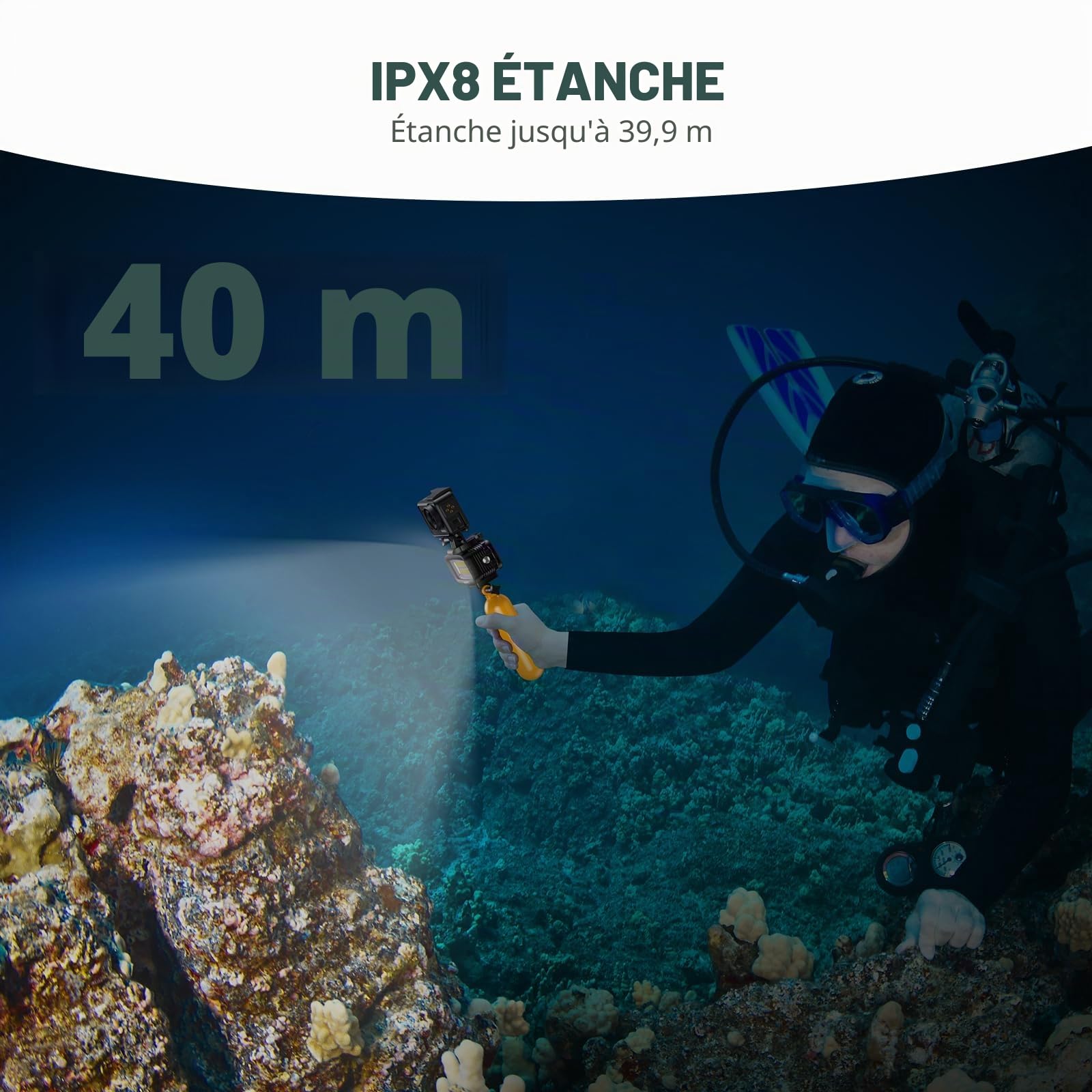 AKASO Lampe sous-Marine 40M Étanche, Lampe de Plongée LED Haute Puissance à Intensité Variable avec Support pour Griffe Froide et 4 Filtres Couleur pour Caméra Sport GoPro/AKASO et Reflex Canon/Nikon