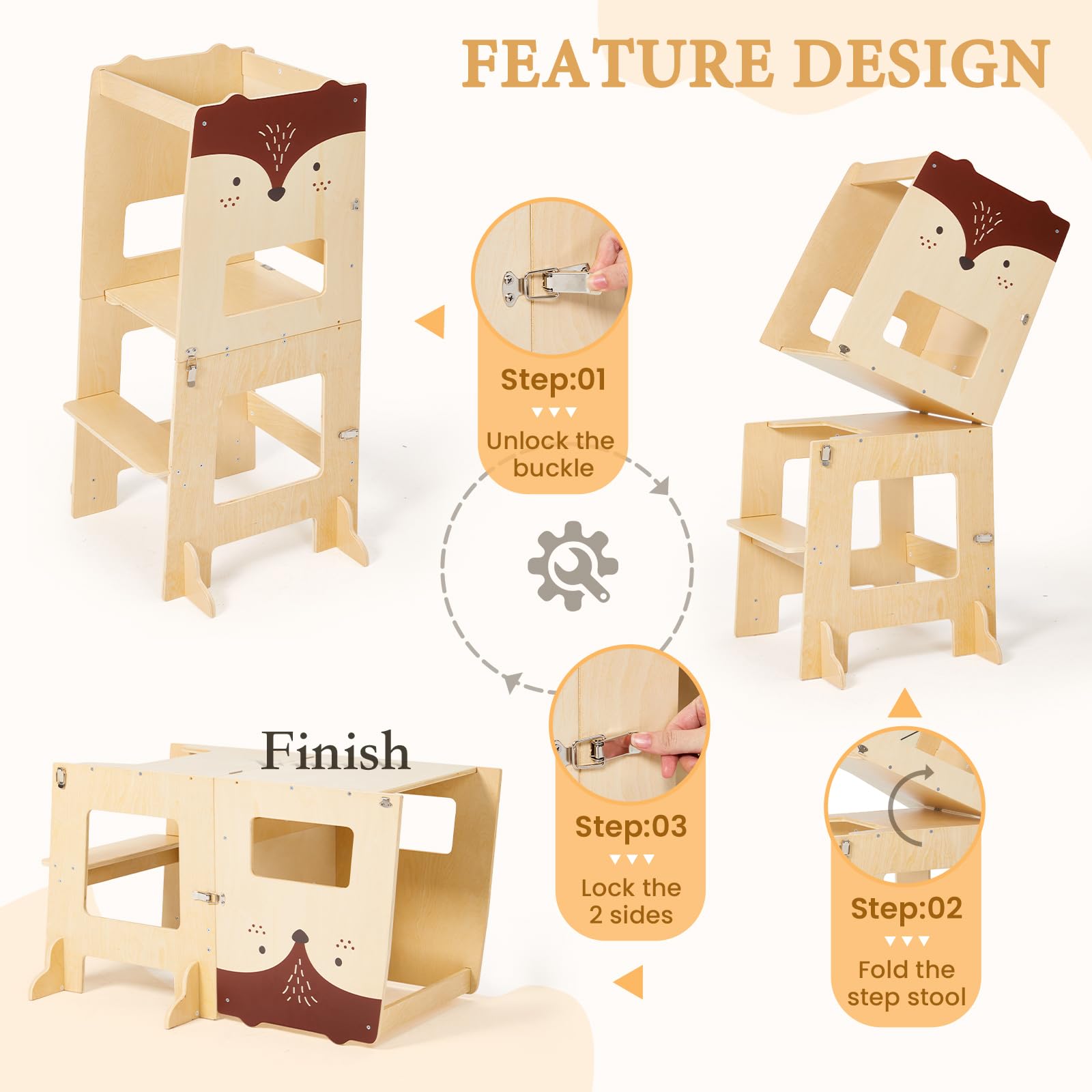 labebe Lernturm ab 1 Jahr， klappbar Montessori Learning Tower | 3 in 1 Montessori Lernturm Kinder mit Message Boards ab 1 Jahr aus Holzwerkstoff