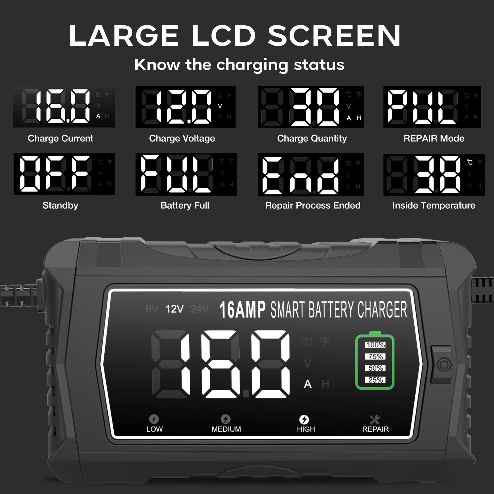 lifepo4 Charger 16-Amp Fully-Automatic Smart Charger,6V/12V/24V Lead-Acid(AGM/Gel/SLA)/Lithium lron LiFePO4 Trickle Charger,Pulse Repair Car Battery Charger,Deep Cycle