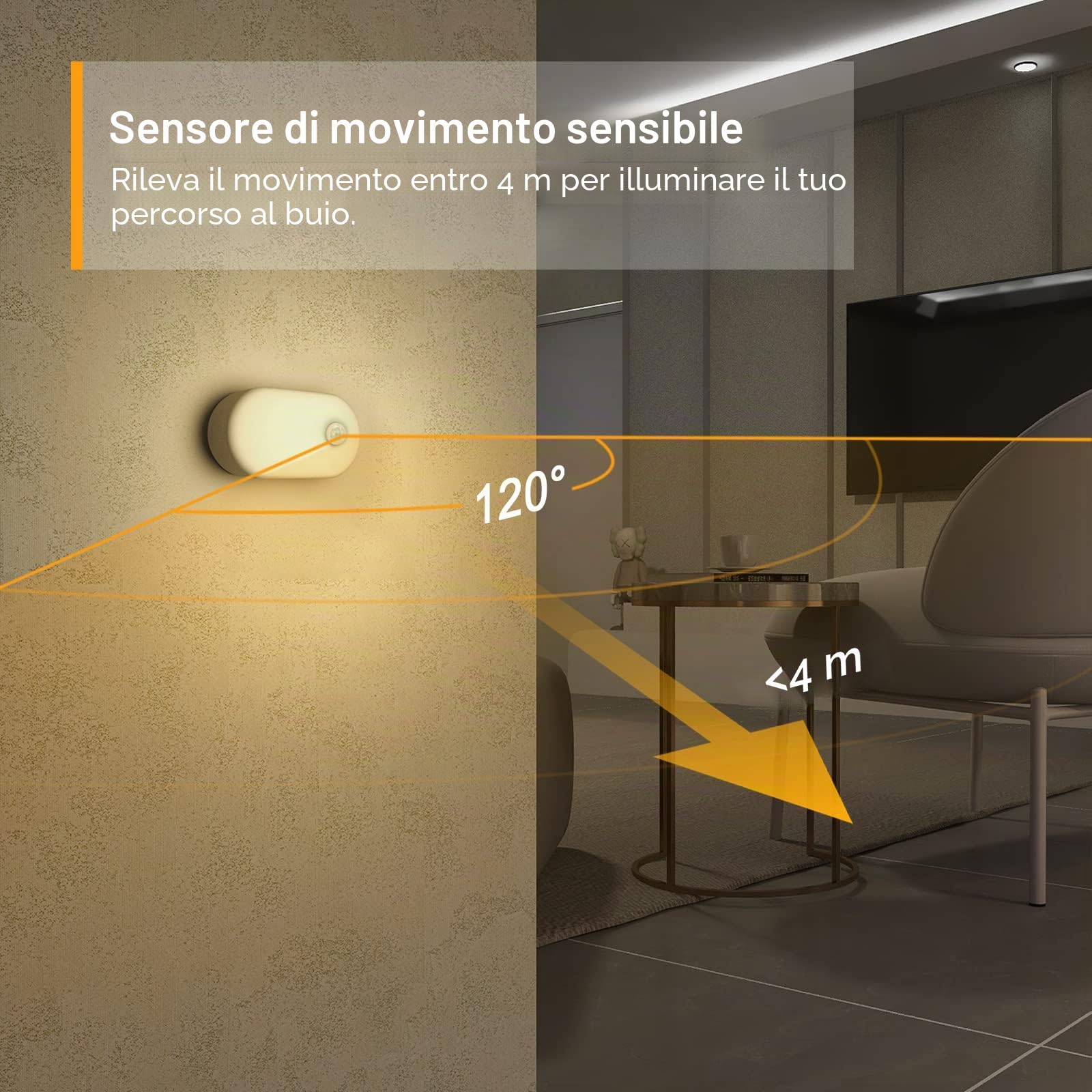 LYRIDZ - Luce notturna ricaricabile da attaccare ovunque con sensore di movimento, luce bianca calda da 1 a 20 lm, luce LED con tramonto all'alba, corridoio, confezione da 4