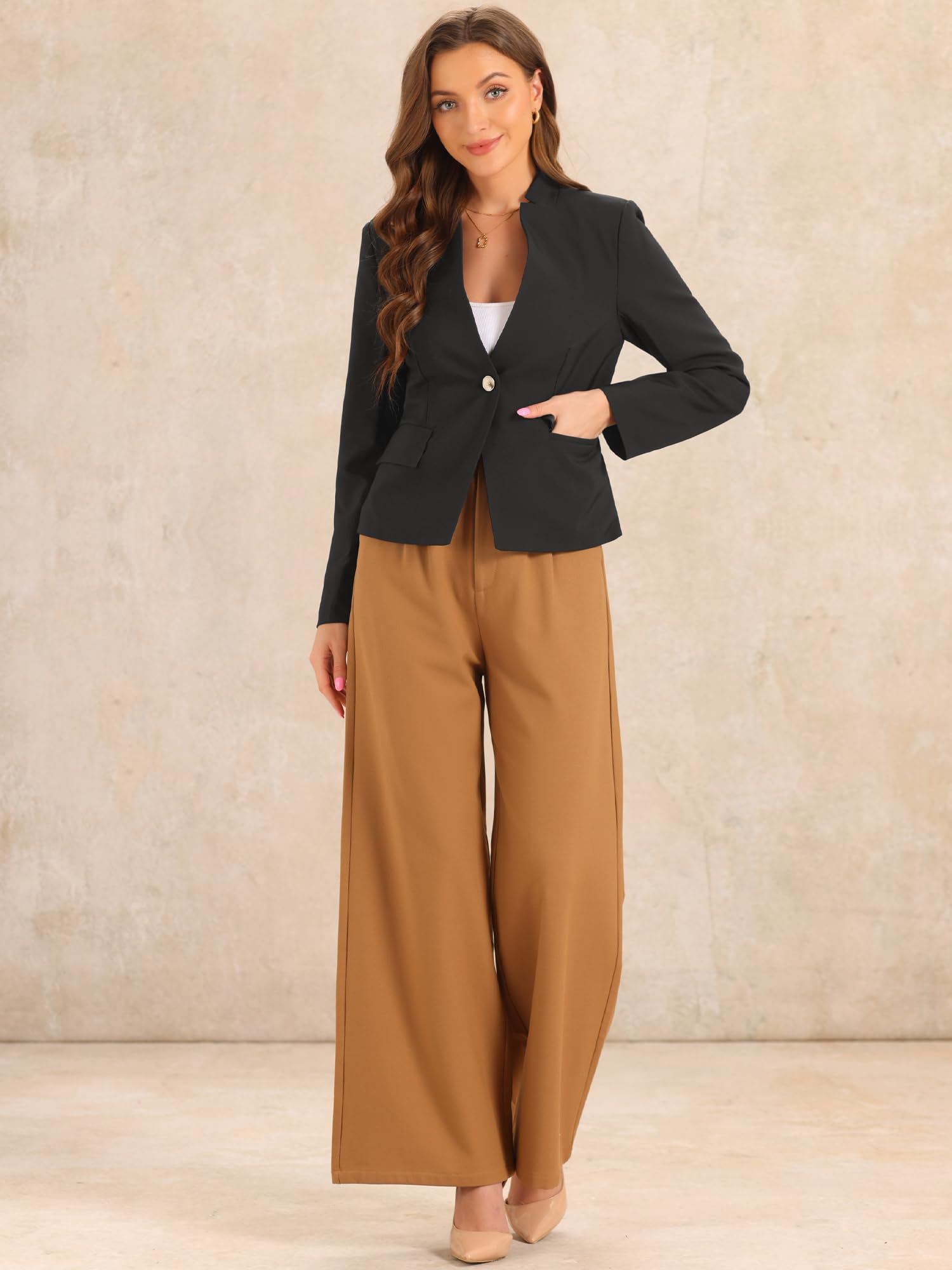 Allegra K Femme Blazer Col Montant Revers Cranté Manches Longues | Épaules Matelassées 2 Poches Rabat Réunion Bureau
