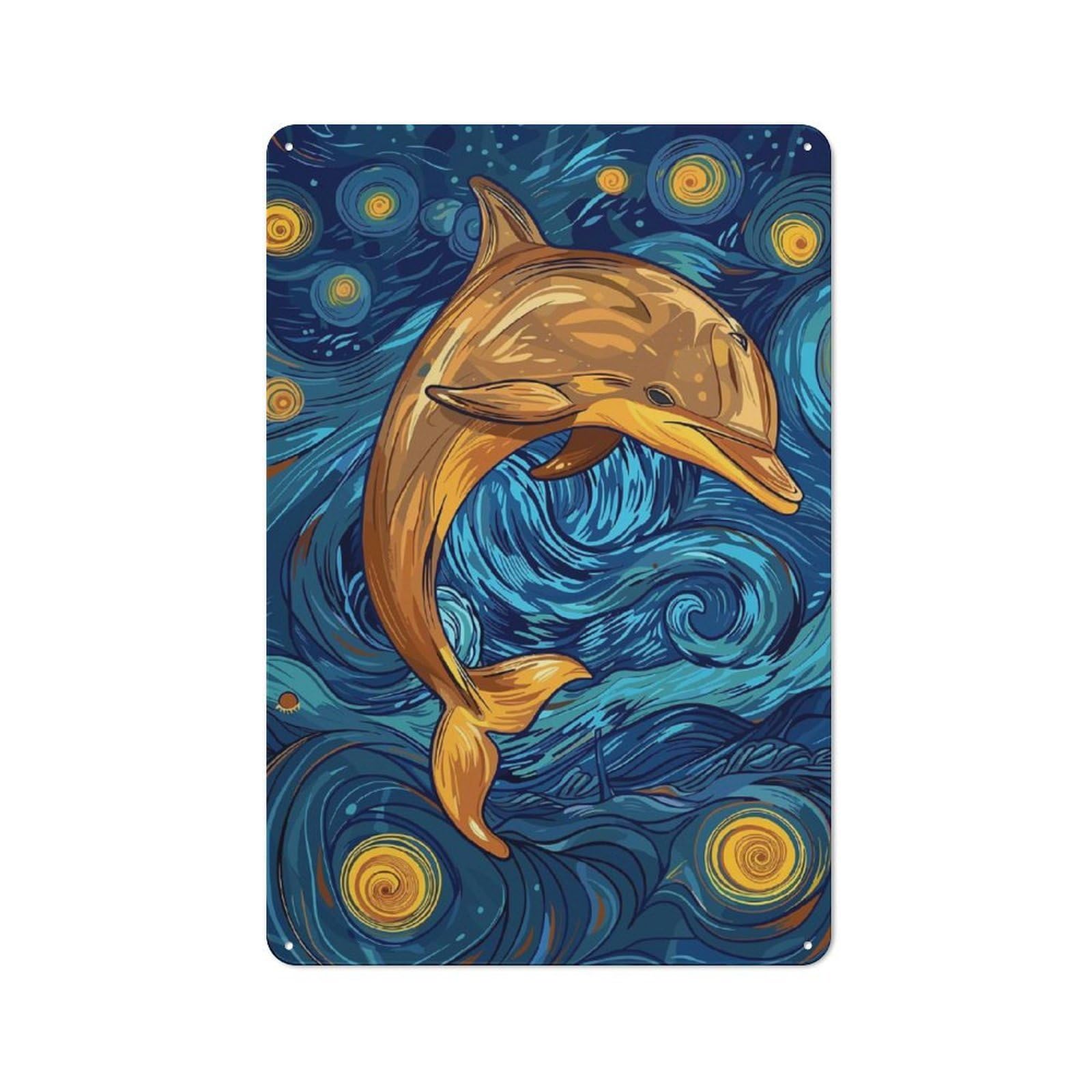Junmoney Dolphin In Starry Night Style Rustic Metal Sign 30X20cm For Lounge Or Reading Corner, For Reading Corner Decorators