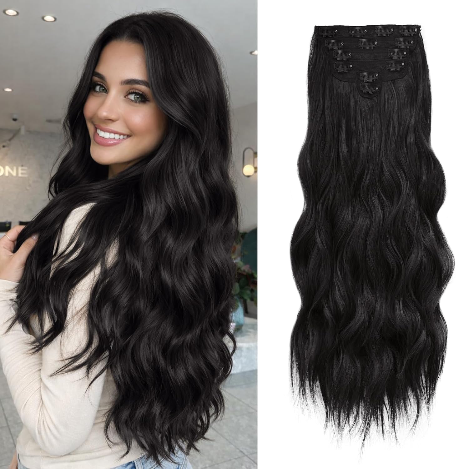 NAYOO Clip in Hair Extensions for Women 24 Inch Long Wavy Curly Black Brown Hair Extension 6PCS Synthetic Hair Extension Hairpieces(Black Brown)
