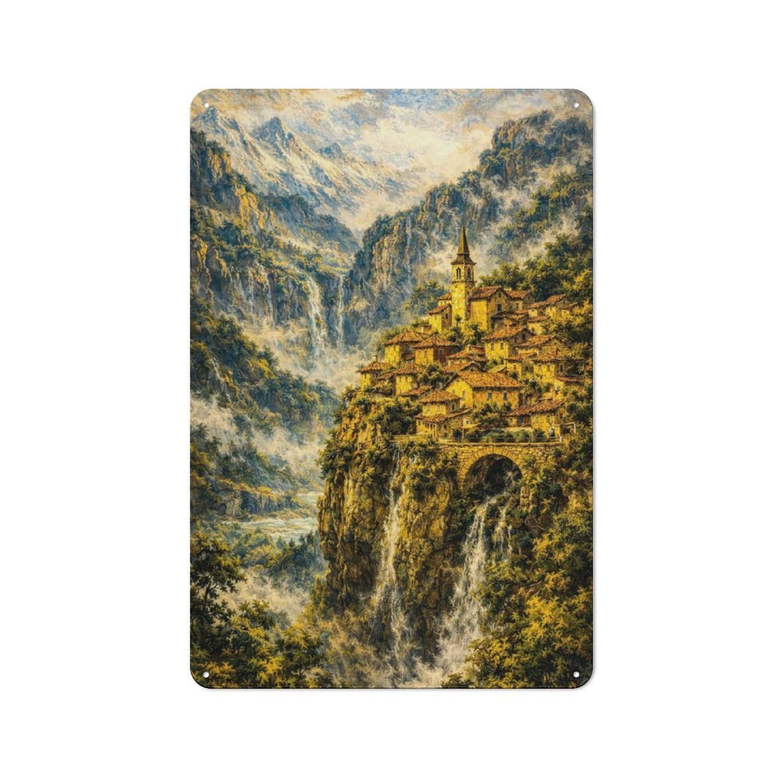 Creative Village on A Cliffside with Waterfalls Tin Sign 30x20cm, Study Room Decor for Workspace, Cafe, Shop Or Desk Area