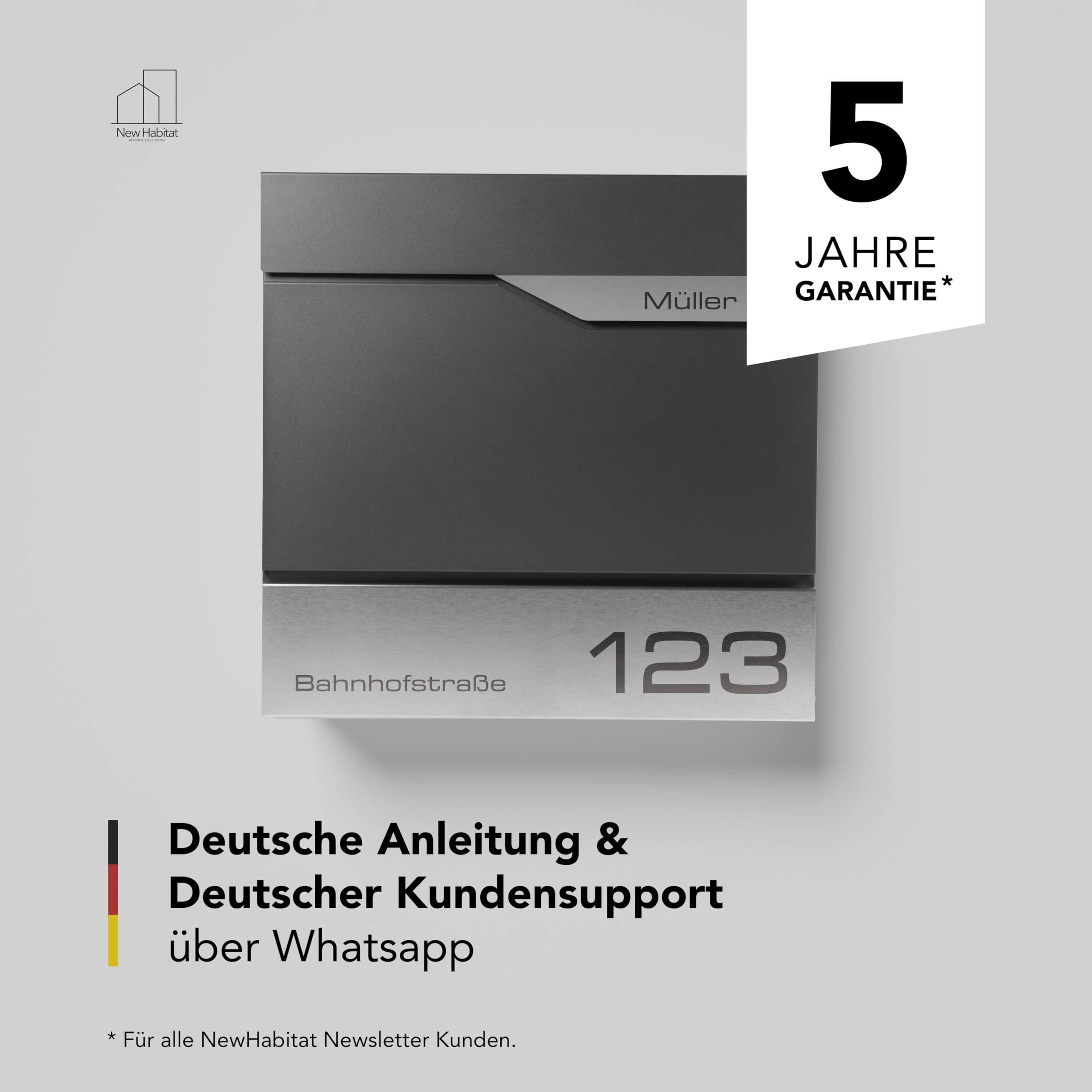 Moderner Briefkasten Personalisierbar Manhattan Anthrazit RAL7016 - mit Zeitungsfach - Wandbriefkasten mit Edelstahl Namensschild und Hausnummer Gravur I Rostfrei und UV-beständig (Mit Gravur)