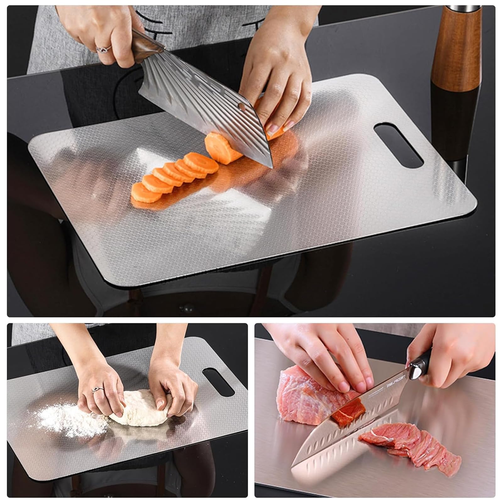 GOMETY Set di 3 taglieri acciaio inox 316, tagliere acciaio inox alimentare doppia faccia, resistente ai graffi, tagliere da cucina acciaio inox antiscivolo, durevole e tagliere acciaio inox senza BPA