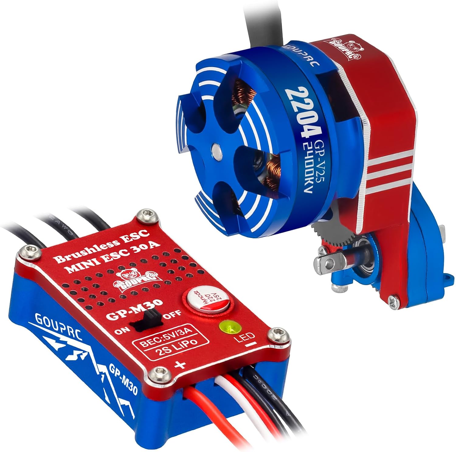 GOUPRC 30A Brushless Mini ESC & 2204 2400KV Brushless Outrunner Motor with Transmission Combo Kit for SCX24 Axial 1/24 RC Crawler Car Truck Blue Red