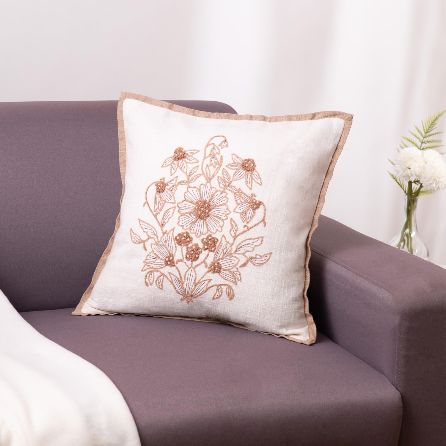 haus & kinder Decorative Embroidered Cushion Cover | Ivory Grace Throw Cushion Cover for Sofa, Living Room | Cotton Cushion Covers 16 Inch X 16 Inch