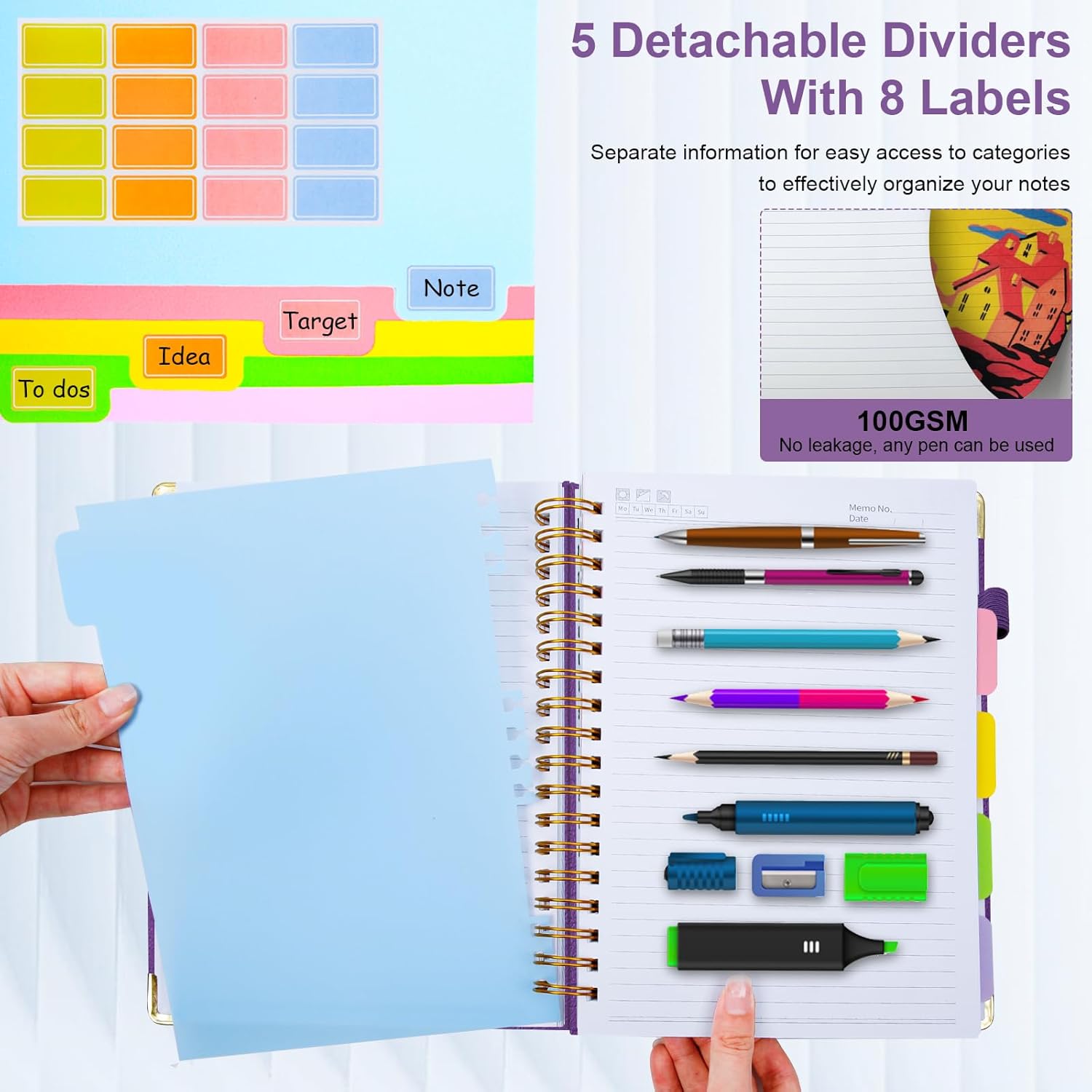 Hardcover Spiral Notebook 8"x10" Journal Notebook with Tabs and Removable Dividers 300 Pages 5 Subject Notebook College Ruled, Faux Leather Spiral Bound Notebook for Women School Work (Purple) - Image 5