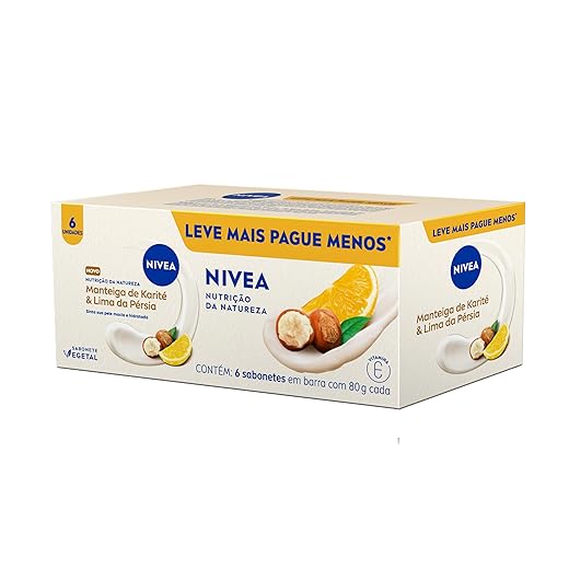 NIVEA Sabonete Vegetal Nutrição Da Natureza Manteiga De Karité & Lima Da Pérsia 80g (6 un.), Limpeza Delicada, Banho, Pele Macia e Hidratada, Fórmula Natural
