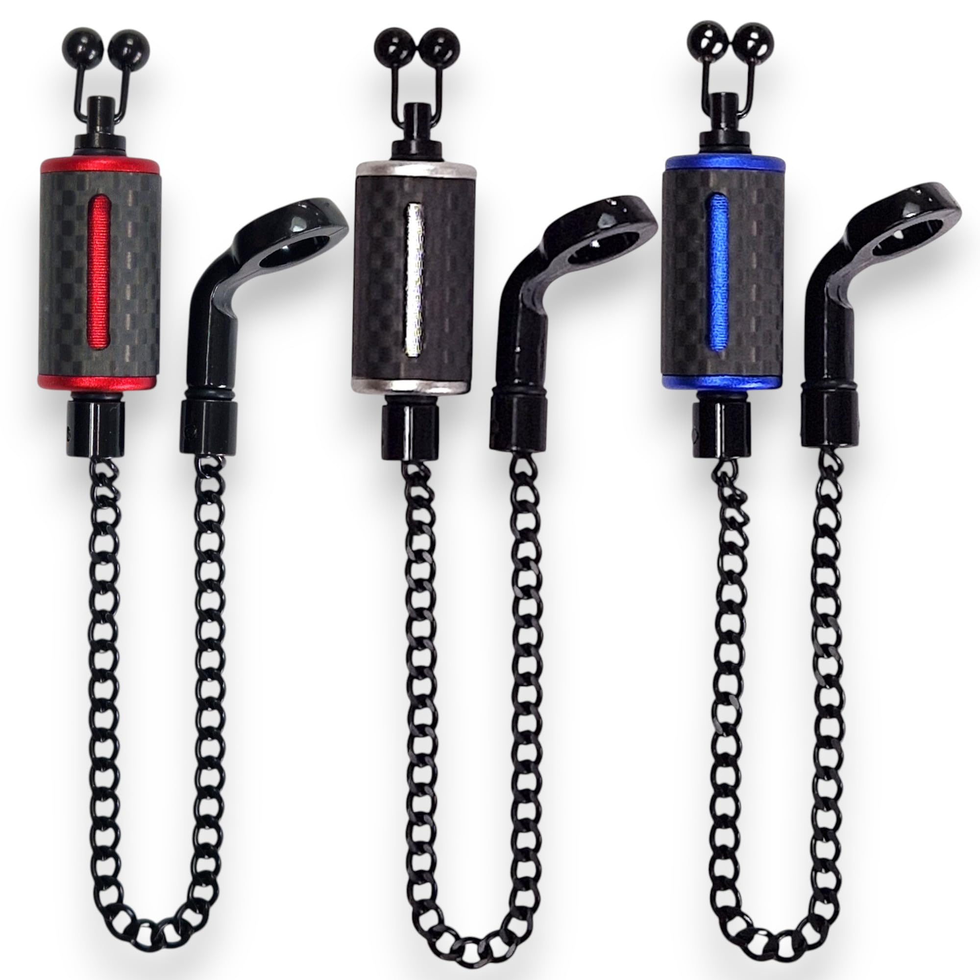 TJR Tackle 3 Ultimate Carbon Fibre Bite Indicators bobbins with 14cm Chain, Black stainless steel ball line clips (Red, Silver & Blue)