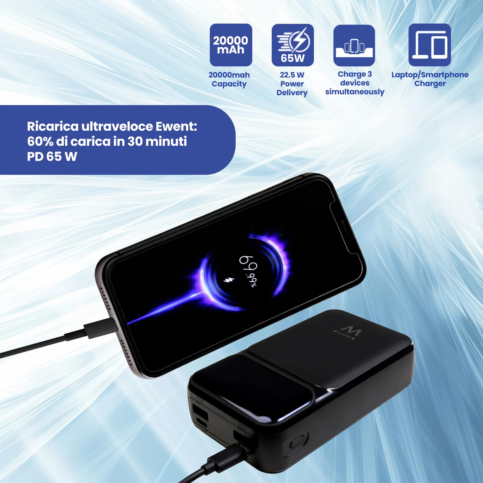 Ewent 65 W Power Bank, 65 W, 20000 mAh, zewnętrzna bateria szybkiego ładowania, przenośna ładowarka USB C wejście i wyjście do MacBooka Pro Steam Deck iPhone 16, 15, 14, 13, 12 Pro Mini MAX, Samsung