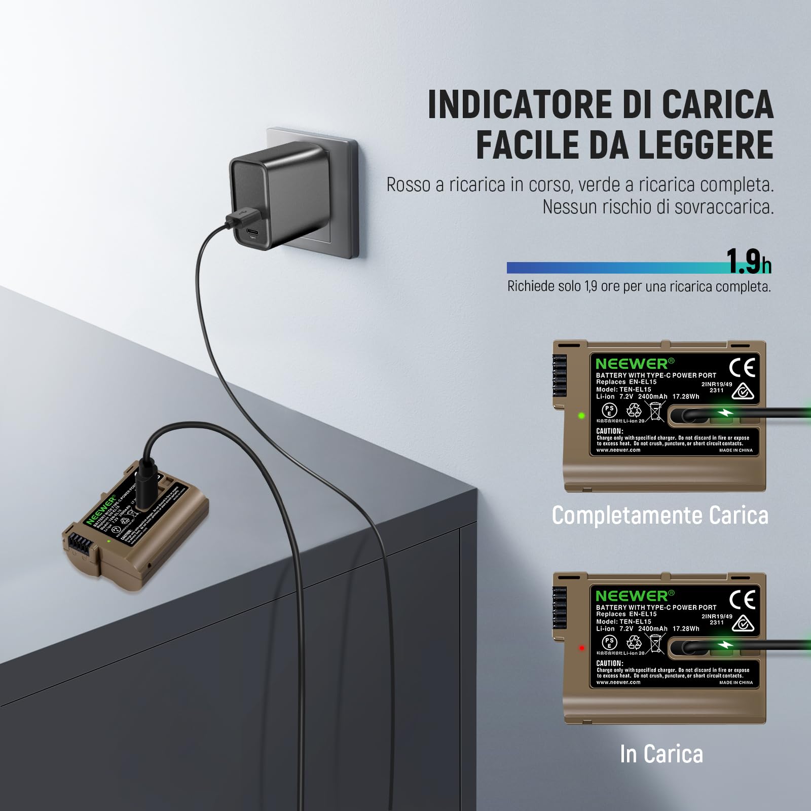 NEEWER EN-EL15c Batteria Sostitutiva 2400mAh per Nikon Zf Z8 Z7 II Z6 II Z5, 1,9 Ore di Ricarica Completa con Ricarica Rapida USB Tipo C Compatibile con Nikon D850 D810 D780 D750 D610 D500 D7500 D7200