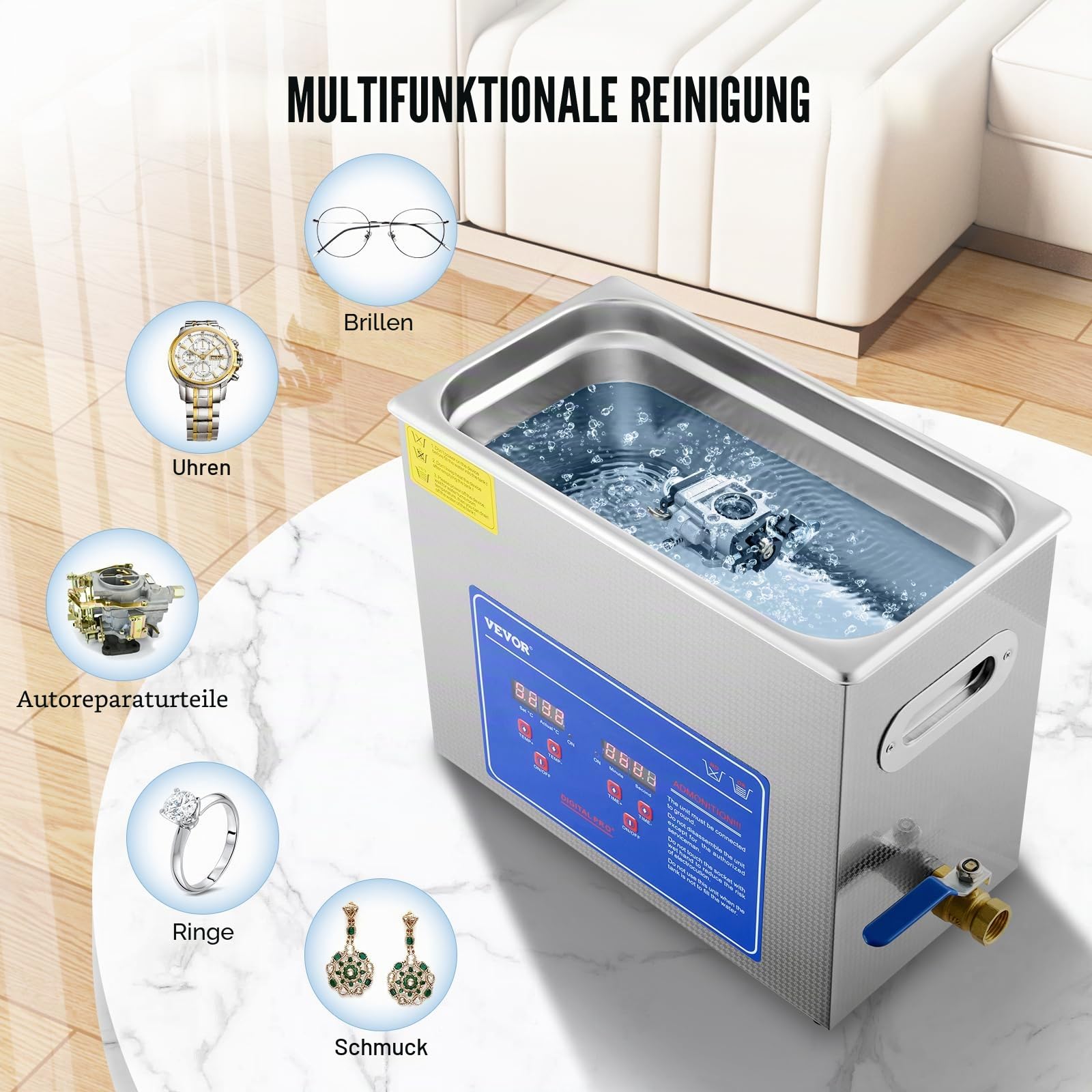 VEVOR Ultraschallreiniger 6L reiniger ultraschallgerät Ultraschallreinigungsgerät Ultrasonic Cleaner mit Heizung Digital Timer for glasses Jewellery False Teeth Coins etc