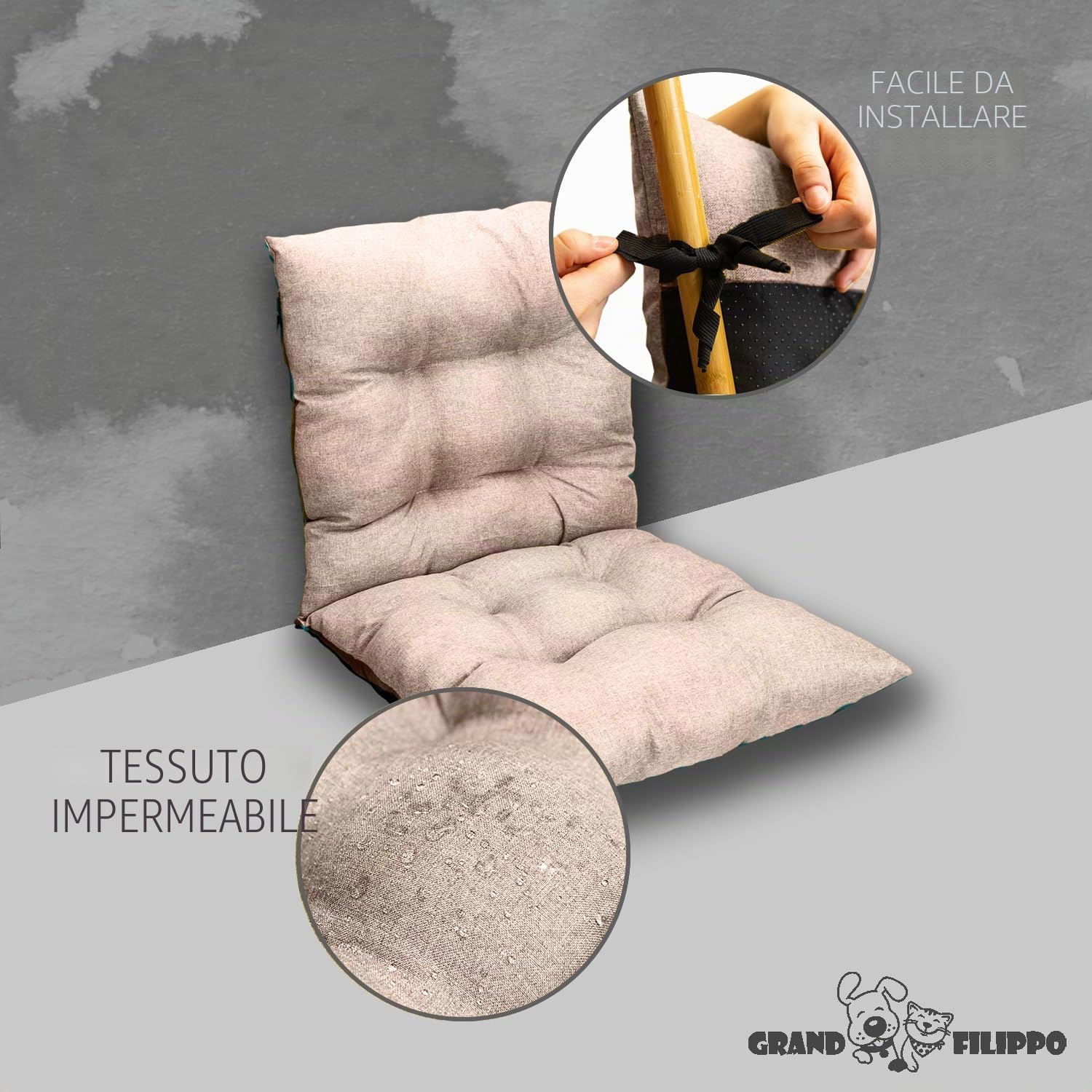 Cuscini Per Sedie Da Esterno Con Schienale 50 x 50 cm (1 Pezzo) - Cuscino Per Sedie Da Giardino - Cuscini Da Esterno Impermeabili Con Corde Di Fissaggio - Beige