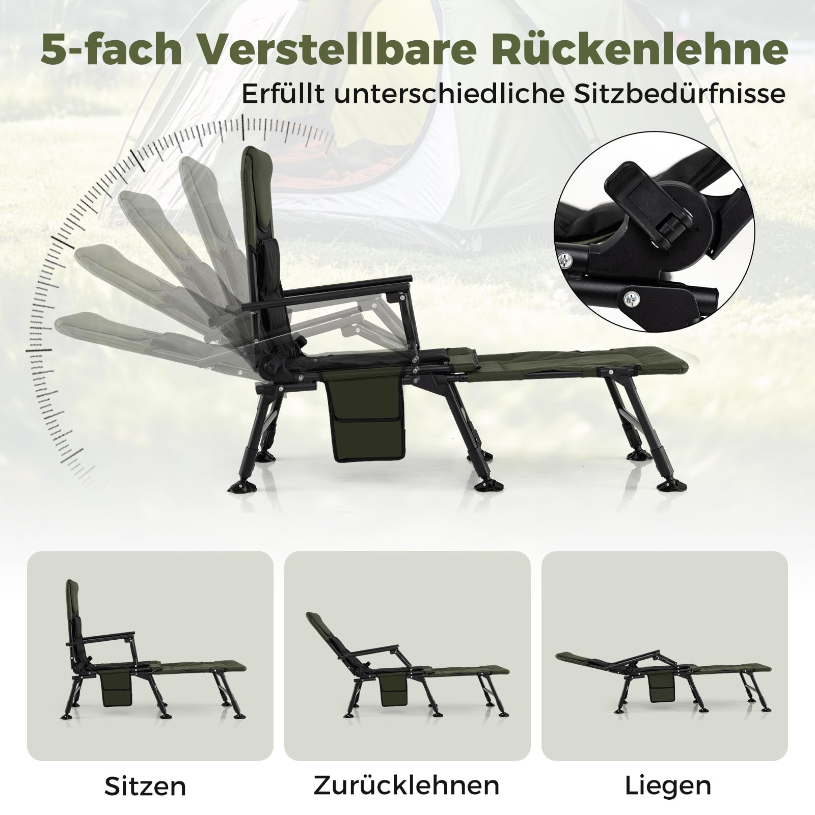 COSTWAY Angelstuhl mit Abnehmbarer Fußablage, Campingstuhl mit Verstellbarer Rückenlehne & gepolsterter Hochlehne, Karpfenstuhl höhenverstellbar, Faltbarer Fischerstuhl für Camping, Angeln, Zelten