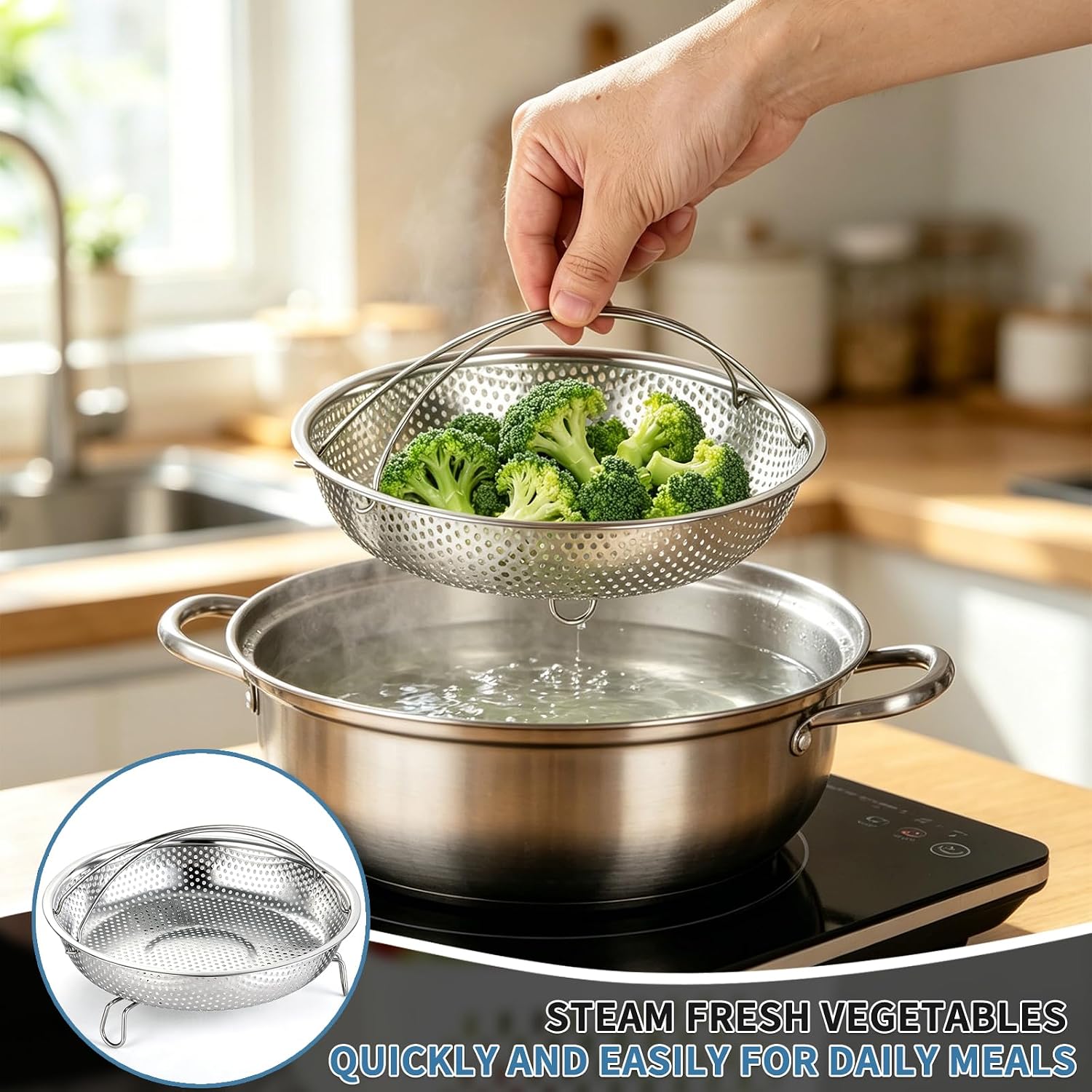 Broccoli Steamer, vegetable Steamer Basket for Cooking, Foldable Handle