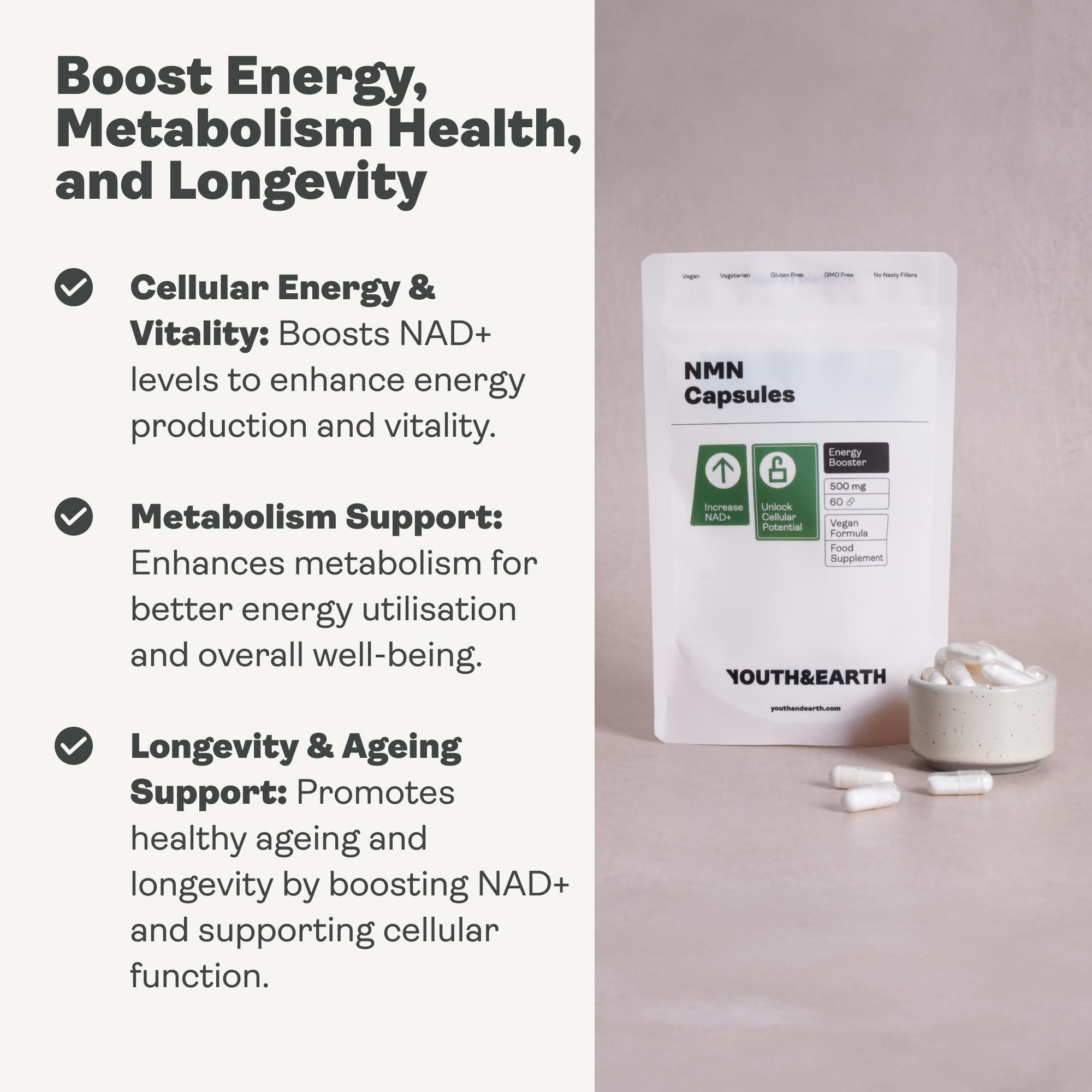 Youth & Earth Suplemento NMN NAD+, 250 mg, 60 Cápsulas | Apoyo Energético Y Metabólico, Fórmula Vegetal De Alta Pureza, Sin Gluten, Azúcar Ni Lactosa, Sin OGM, 1 Al Día