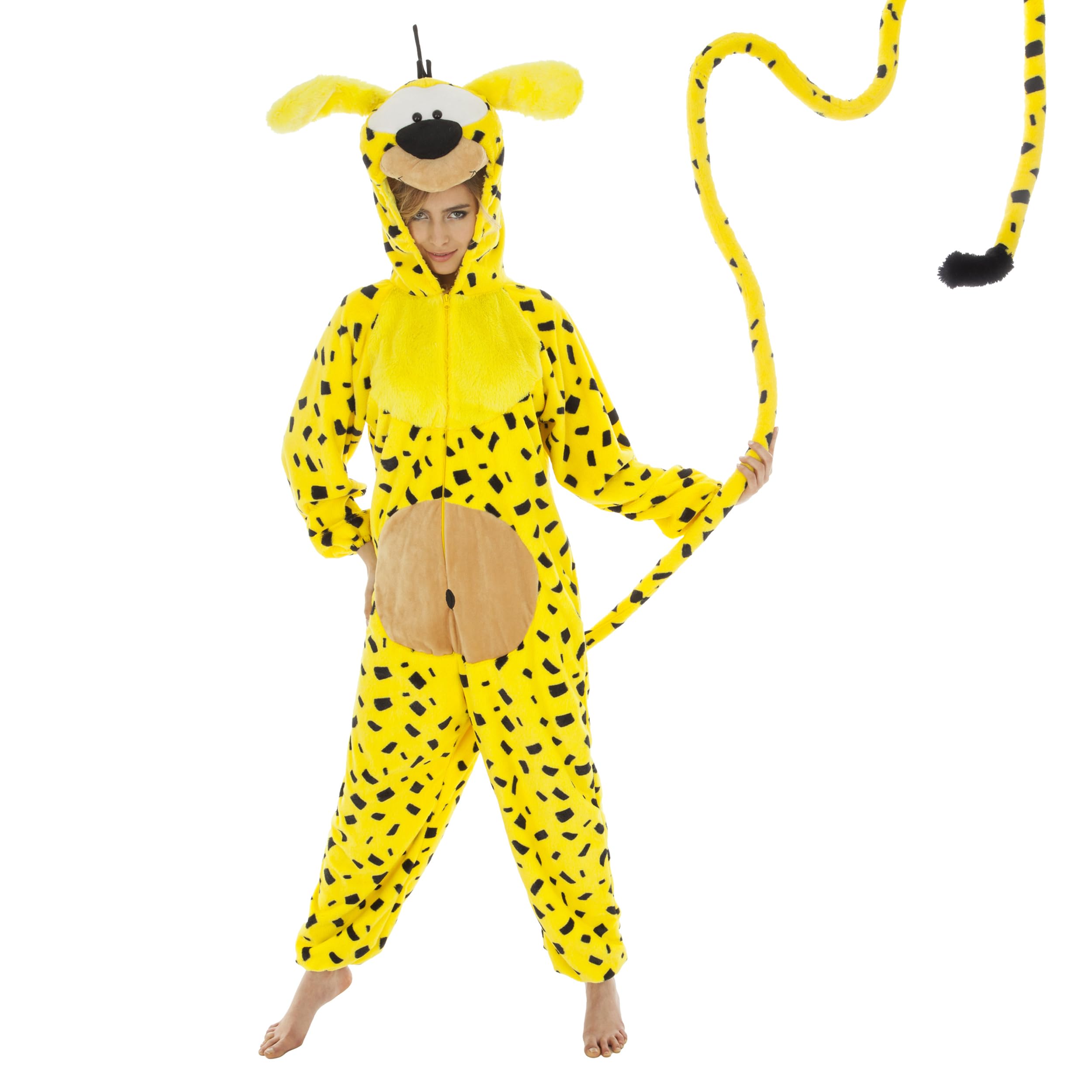 Chaks - kostium Marsupilami, żółty kombinezon dla dorosłych | Oficjalny kombinezon Marsupilami z kapturem, uszami i ogonem, strój cosplayowy na karnawał, Comic Con