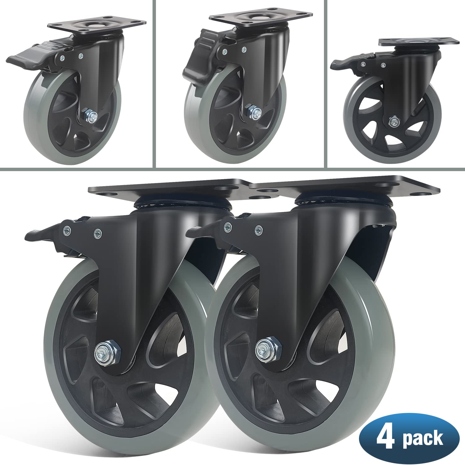 125MM Rotelle per Mobili Pesanti con Freno, Ruote Girevoli a 360 Gradi Carico 800 kg, Silenziose e Resistenti Rotelle in Poliuretano, Cuscinetti Doppi Ruote per Carrello, Tavolini, Tavolo