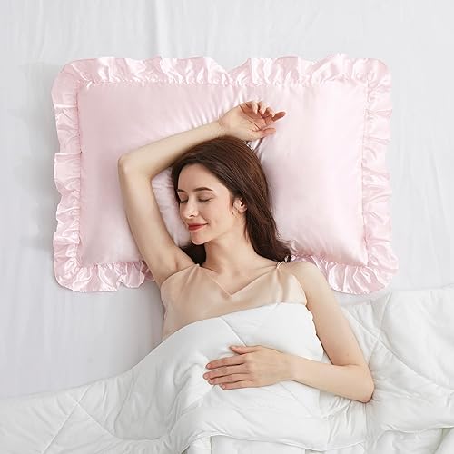 Vista 21 de Fundas de almohada de satén negro con volantes para cabello y piel, juego estándar de 2 fundas de almohada de seda negra con cierre de sobre