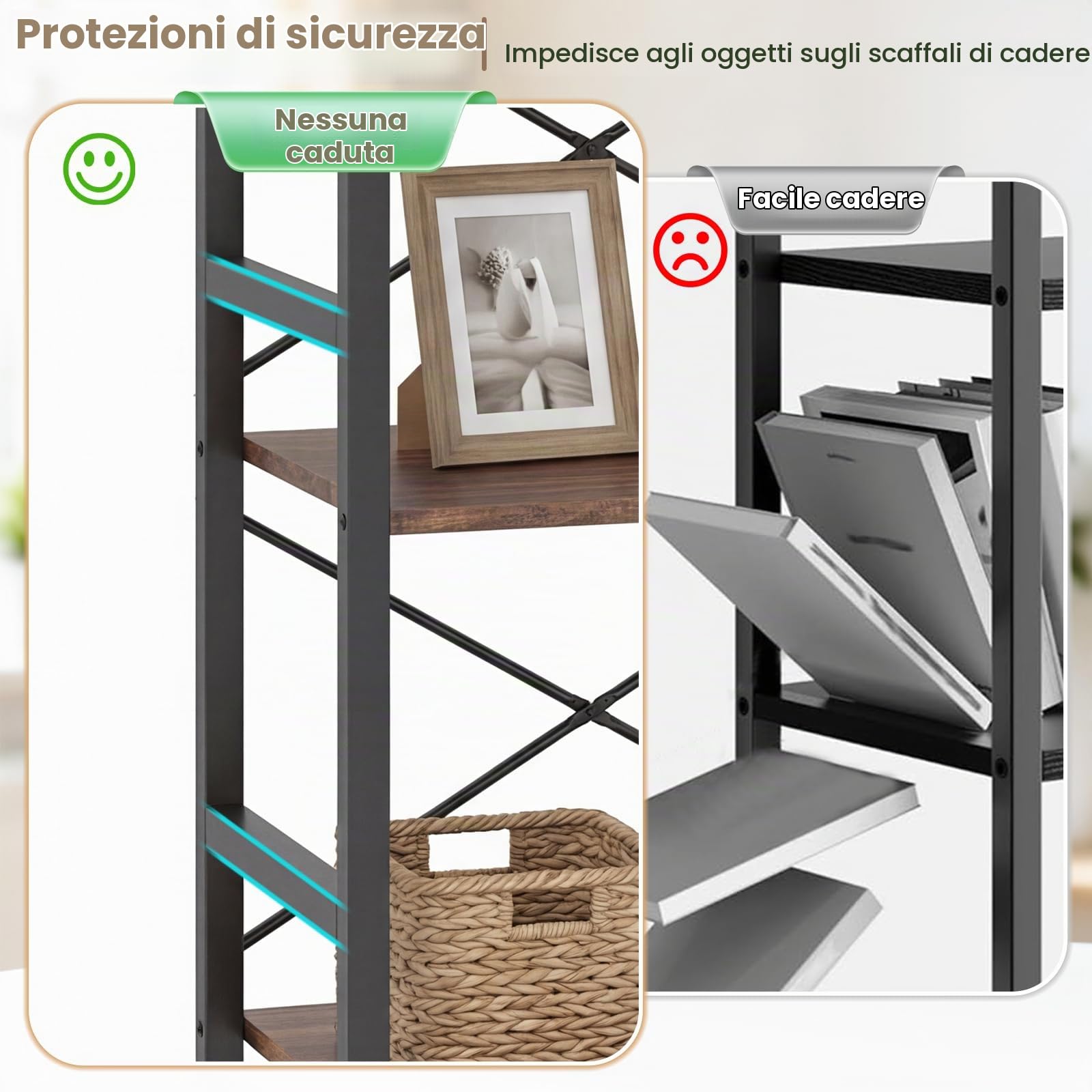 KOMFOTTEU Scaffale a 4 livelli, libreria verticale con ripiani aperti, mobile di stoccaggio stretto con struttura in metallo e dispostivi antiribaltamento per soggiorno, 42 x 28 x 100 cm (marrone e