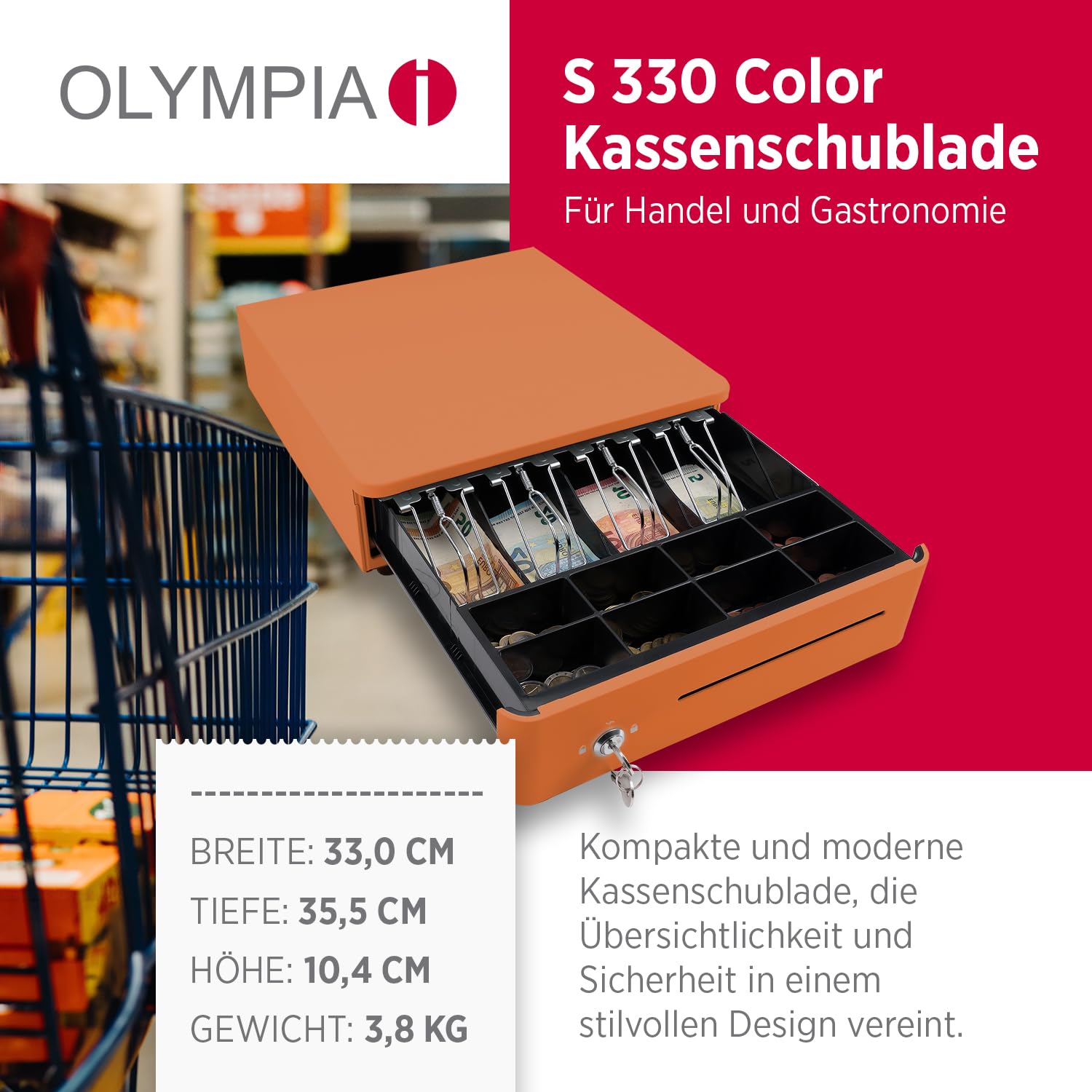 OLYMPIA S 330 Orange | Cassetto contanti con 8 scomparti per monete e 4 scomparti per banconote, robusto cassetto per cassa in metallo, registratore di cassa controllabile elettrico con serratura e