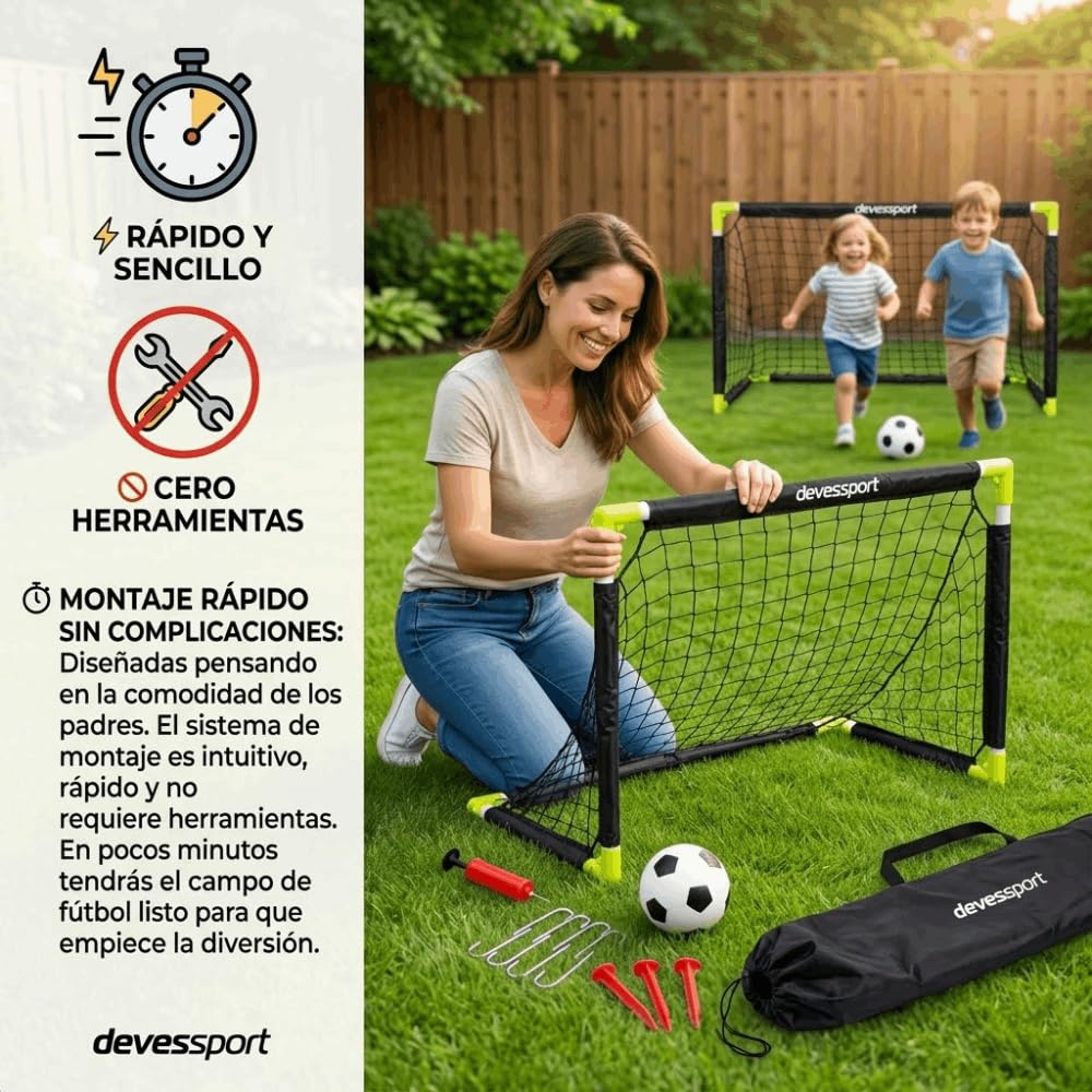 Devessport Set de 2 Mini Porterías de Fútbol para Niños, 90x60x60 cm | Incluye Balón, Inflador, Piquetas y Bolsa de Transporte | Porterías Plegables e Infantiles para Jardín, Exterior y Playa
