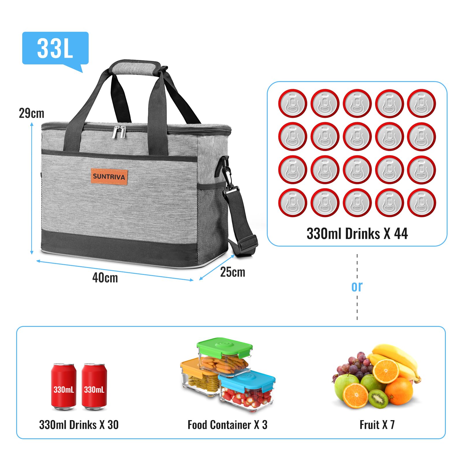 Torba Termiczna Na Lunch 33L Torba Termoizolacyjna Lunch Bag | Wygodny i przenośny wytrzymały regulowany pasek składany dla Kobiet i Mężczyzn, do biura na piknik szkolny, kemping