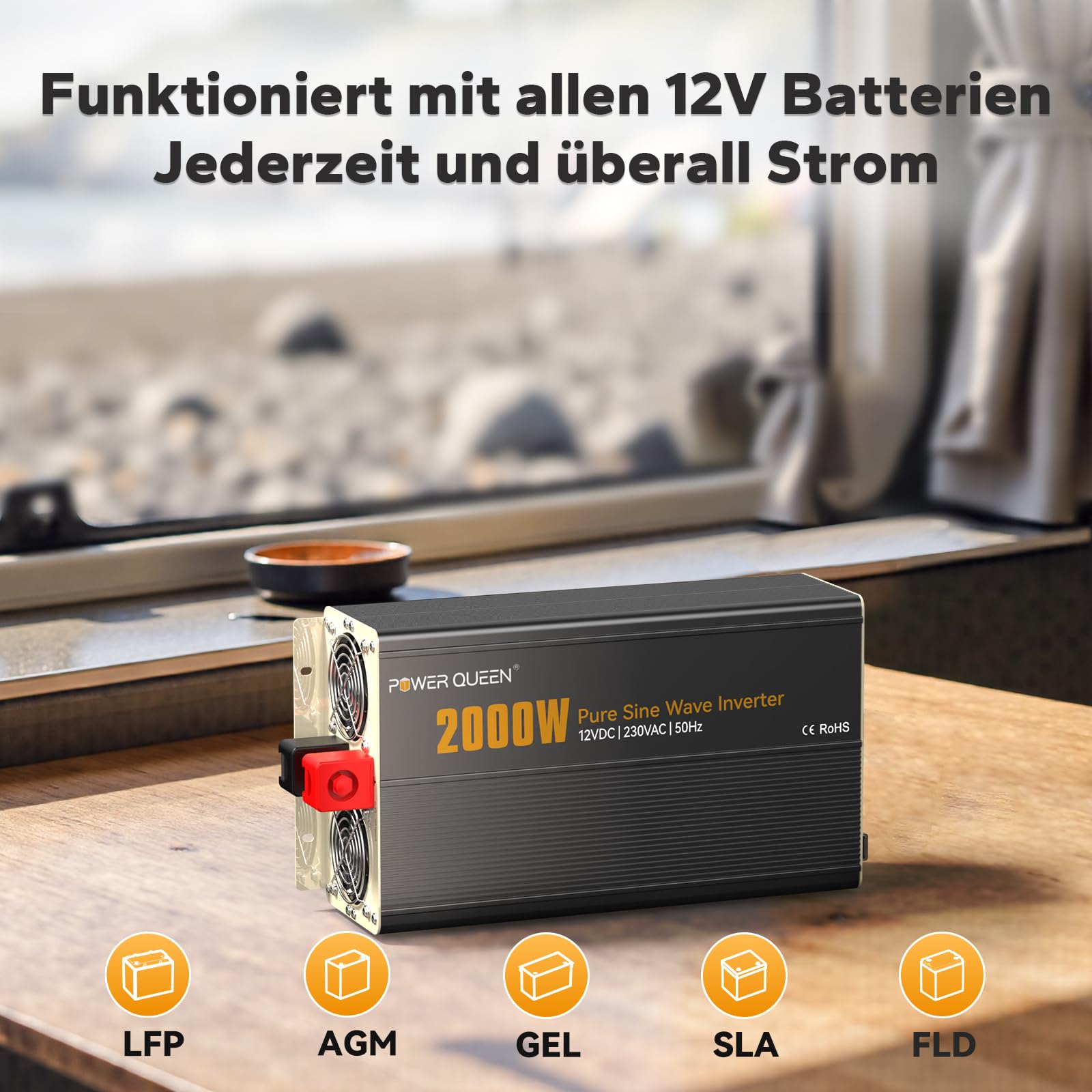 Power Queen 2000W Wechselrichter Reiner Sinus 12V Auf 230V Spannungswandler mit LCD-Anzeige+Fernbedienung, 2 AC Steckdosen, USB+Tycp-C Anschluss, Solar Power Inverter für Wohnmobile, Camping, Boot