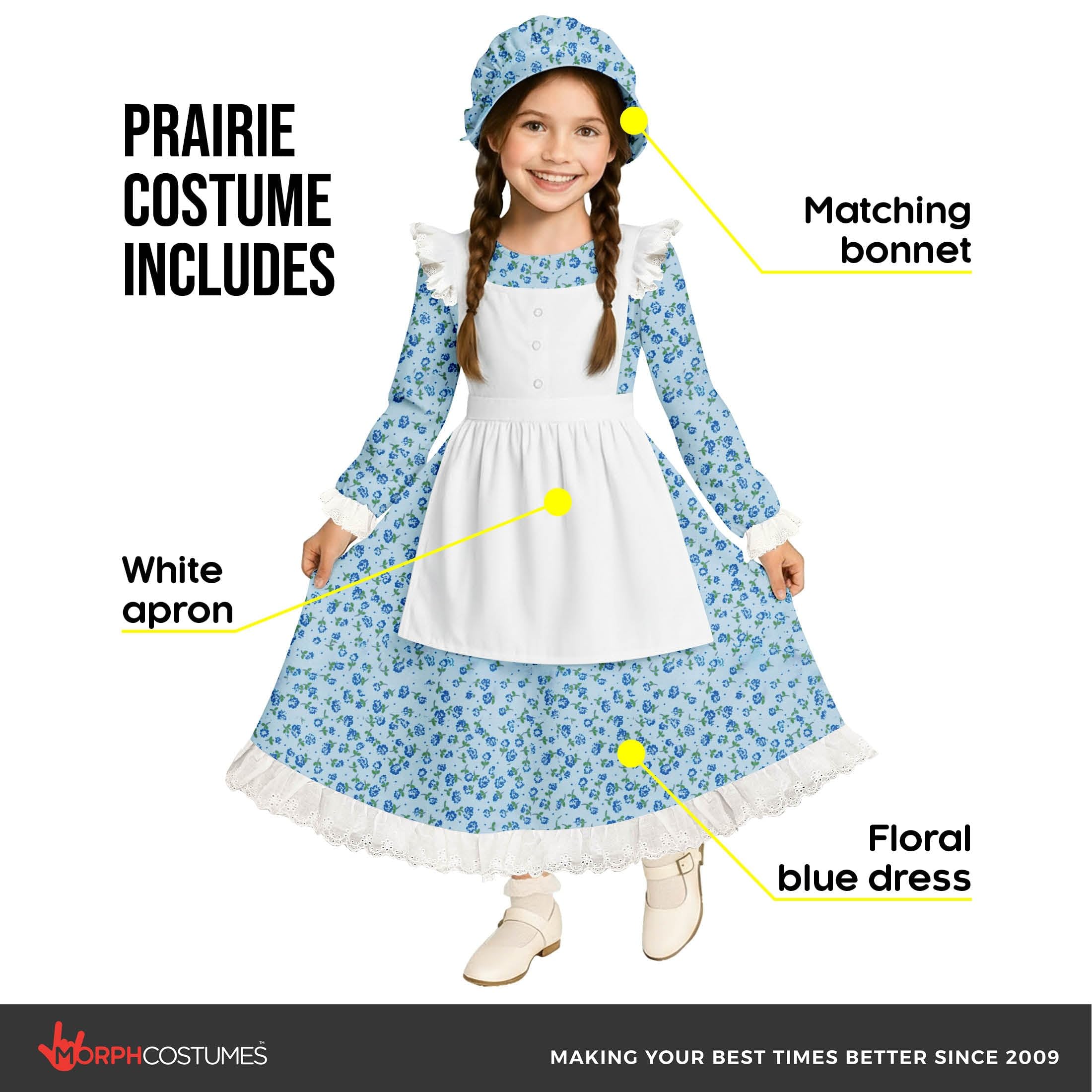 Morph Blue Pilgrim Girl Costume, Pioneer Girl Dress, Colonial Costume Kids, World Book Day Costumes For Girls Pioneer 7-9 - Image 2
